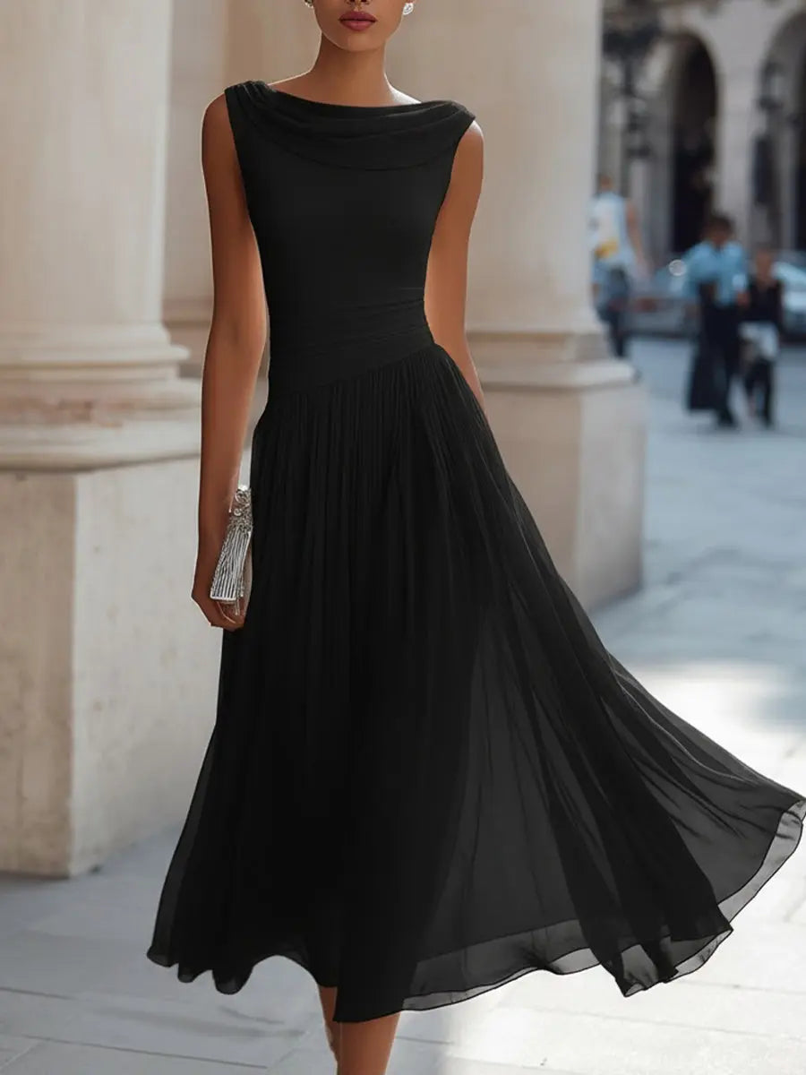Draped Neck Sleeveless Pleated Midi Dress TARHUS Sleeveless Maxi Dress
