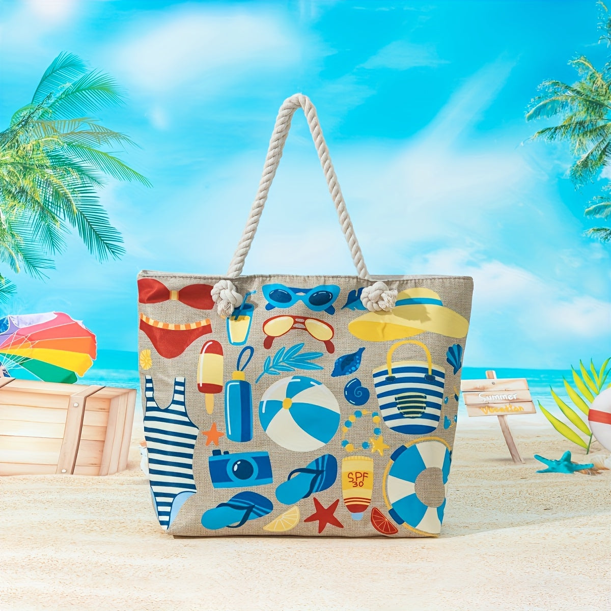 Stylish Blue Mandala Print Tote Bag for Women - Casual Shoulder Bag with Rope Handles, Vibrant Floral Patterns, Zip Closure, Perfect for Vacation Or Everyday Use, Vacation Tote Bag | Trendy Women'S Bag | Woven Texture, Novelty Purse TARHUS