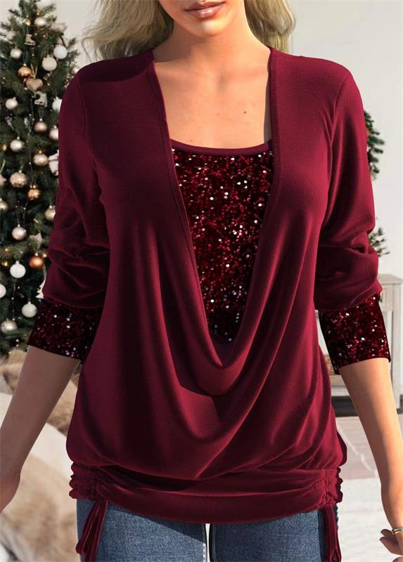 Sequin Loose Smocked Fake Two-Piece Top - TARHUS