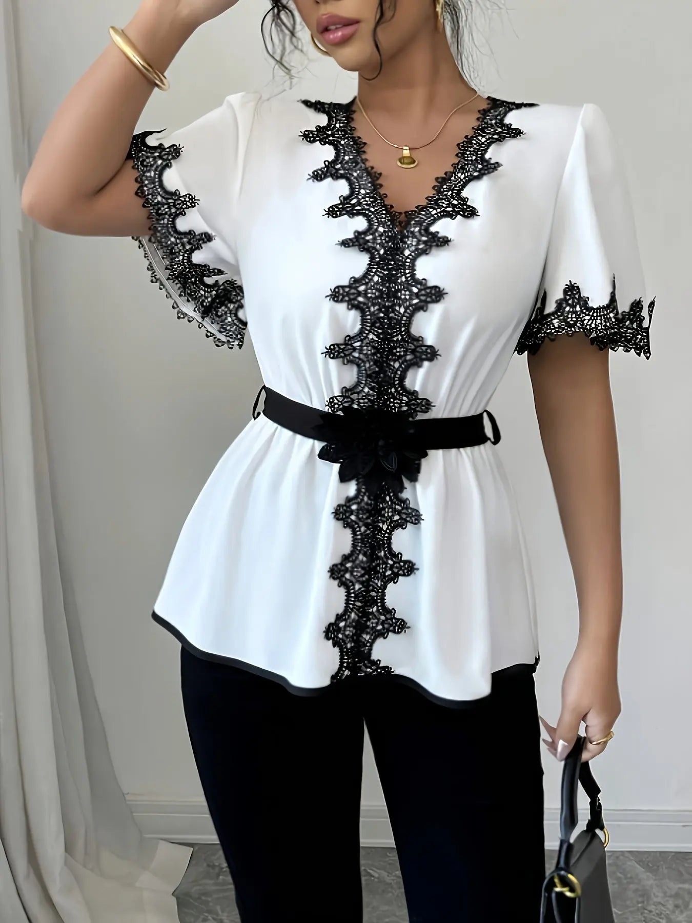 Elegant Lace Trim Blouse for Women – Long Sleeve, Lightweight, Stylish Office & Casual Top - TARHUS
