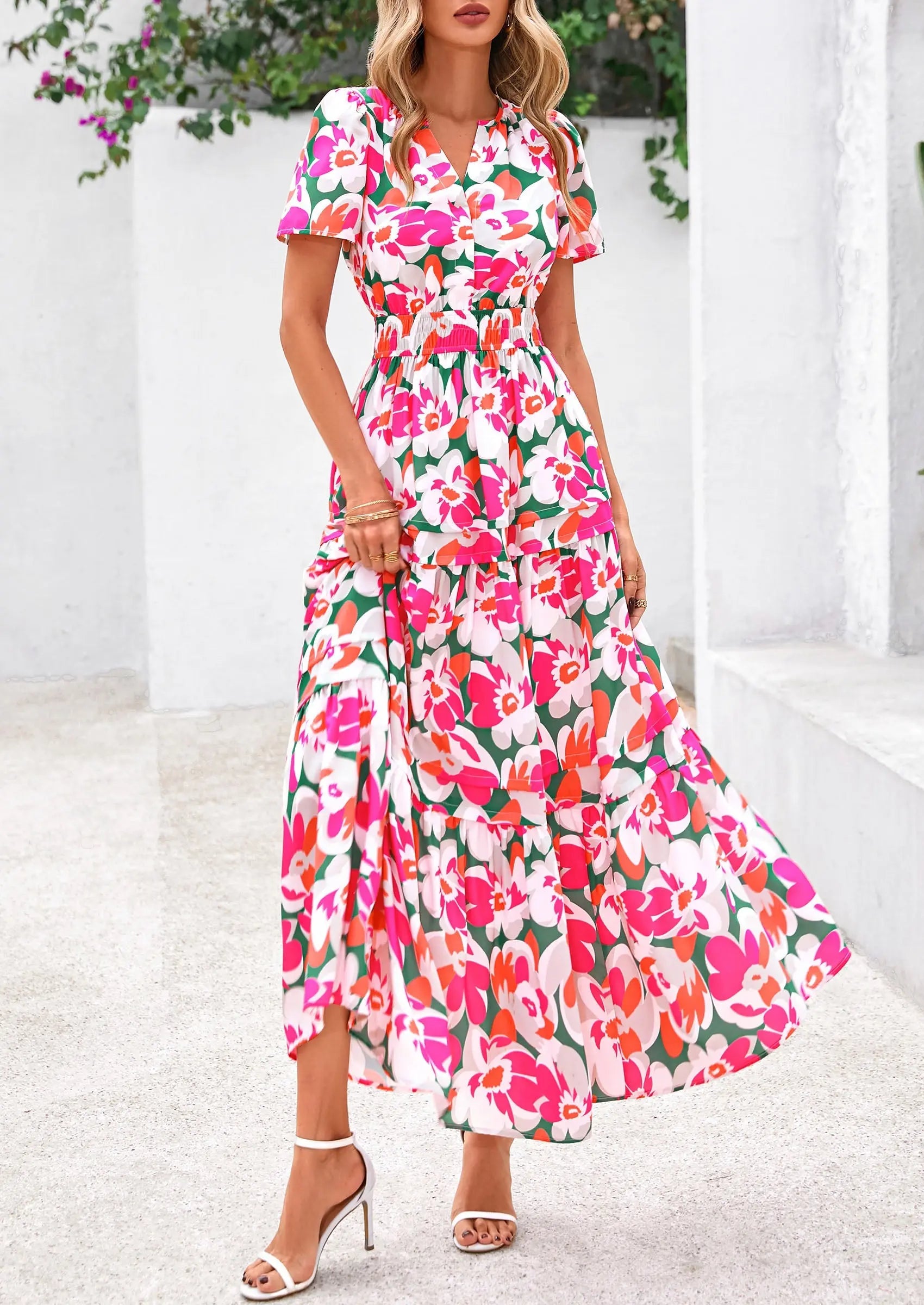Boho Floral Short Sleeve V Neck A Line Tiered Ruffle Flowy Long Beach Vacation Maxi Dresses - TARHUS