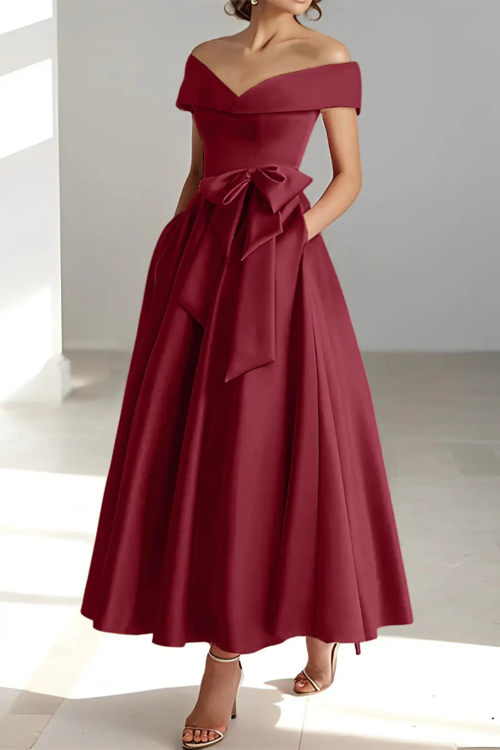 Arabella | Women Off Shoulder Bow Waist A Line Midi Wedding Guest Dress TARHUS Mother of the Bride Dresses