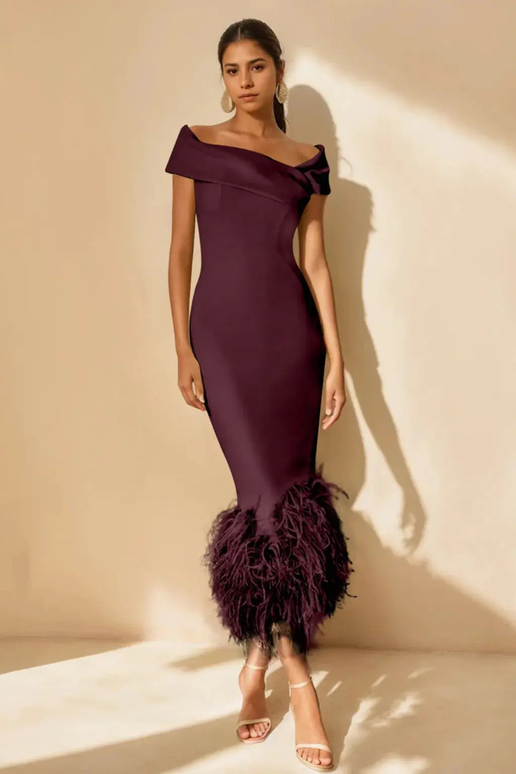 Verity | Women Off Shoulder Fitted Feather Hem Midi Wedding Guest Dress TARHUS Mother of the Bride Dresses
