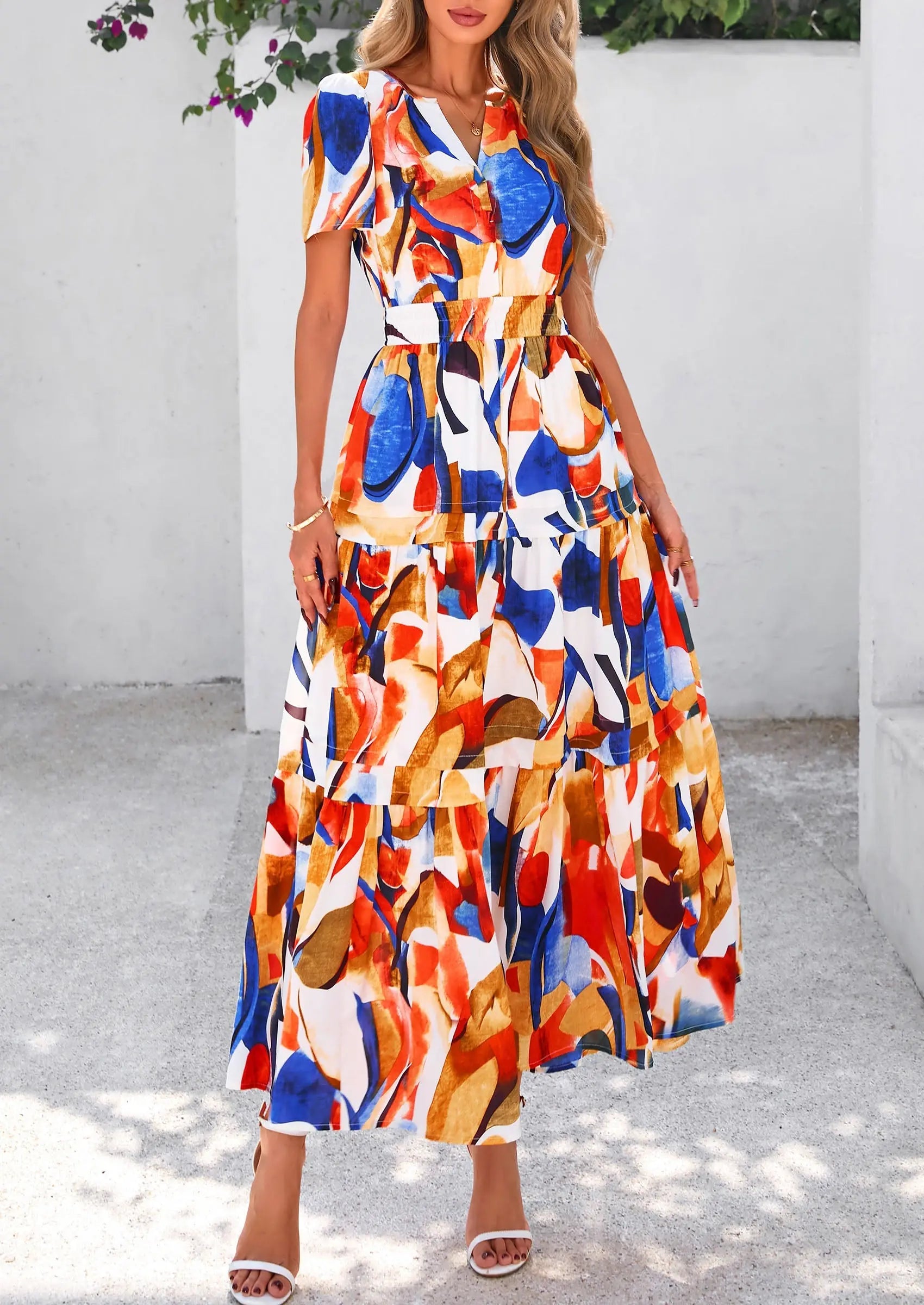 Boho Floral Short Sleeve V Neck A Line Tiered Ruffle Flowy Long Beach Vacation Maxi Dresses - TARHUS