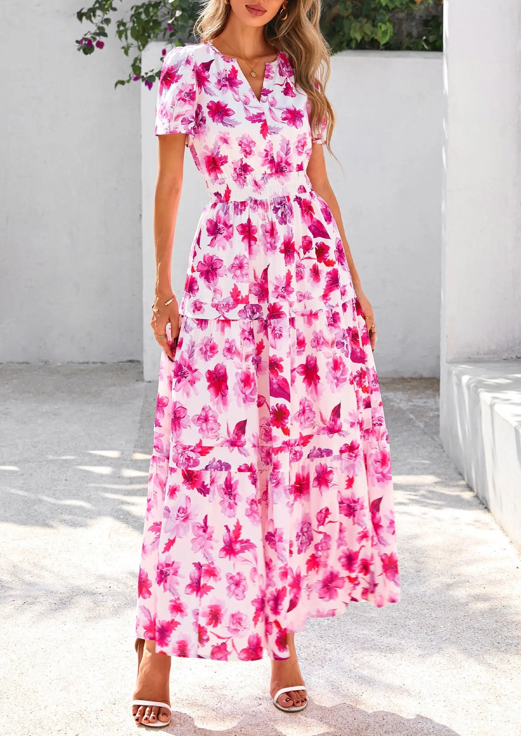 Boho Floral Short Sleeve V Neck A Line Tiered Ruffle Flowy Long Beach Vacation Maxi Dresses - TARHUS