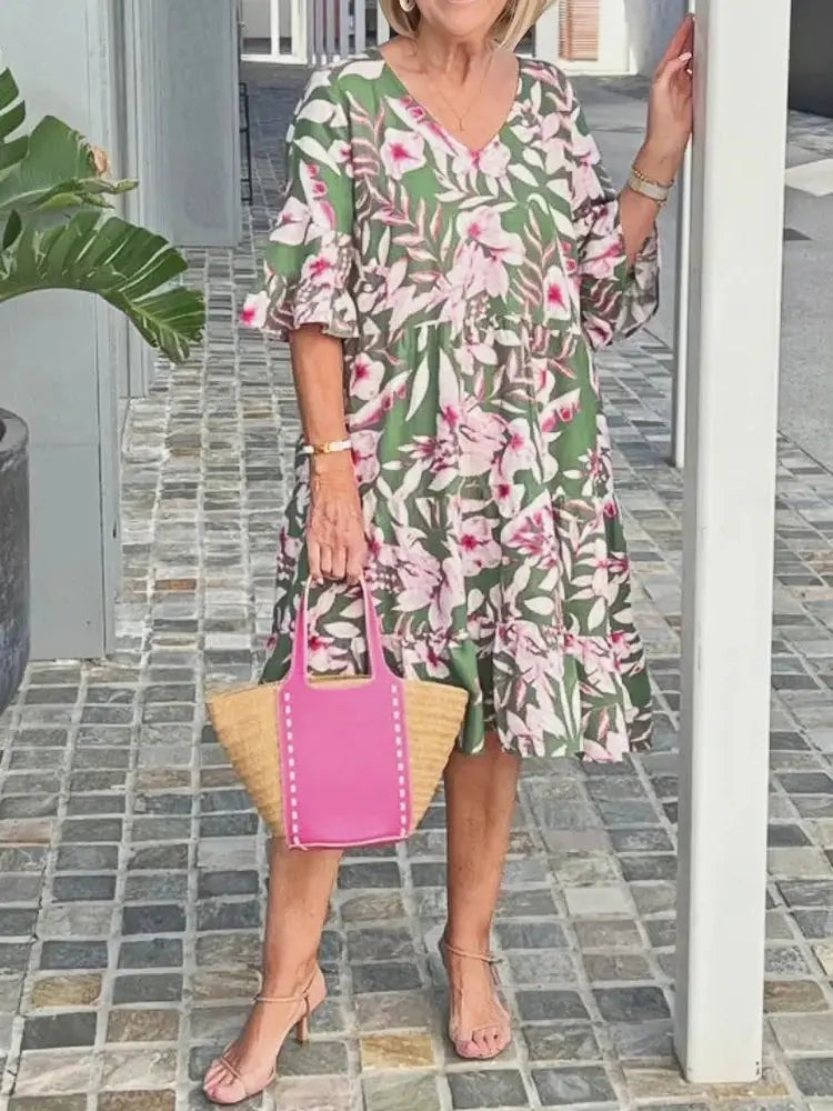 Beatrice | Tropical Floral Ruffle Midi Dress TARHUS Floral V Neck Dress