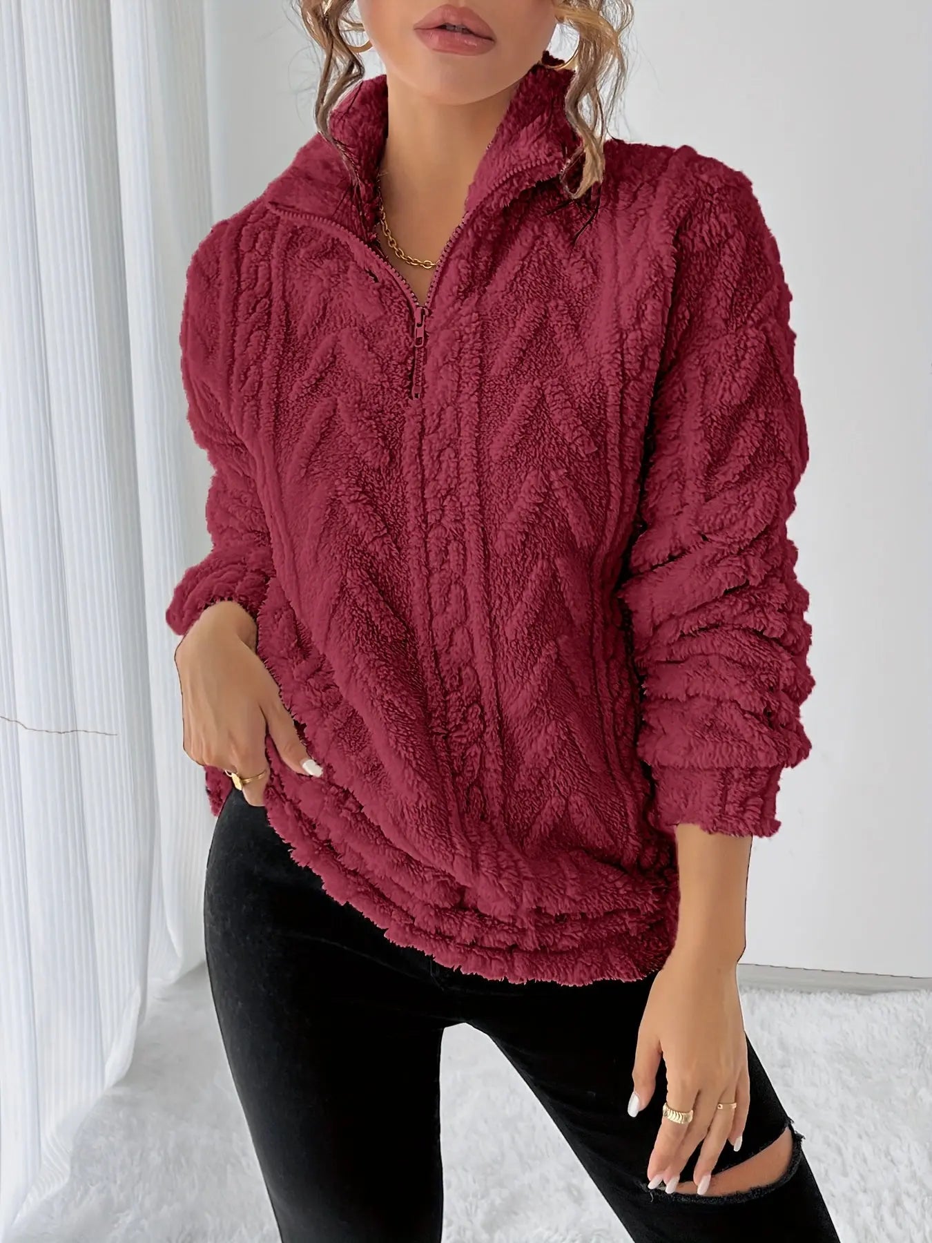 Women’s Fleece Zip-Up Sweatshirt – Long Sleeve Lapel Collar Pullover with Fluffy Texture - TARHUS