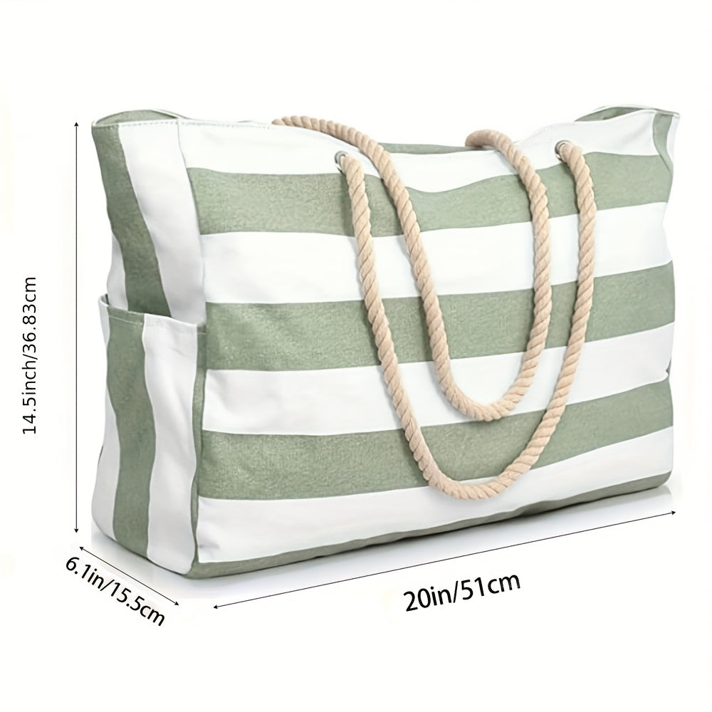 Large Canvas Beach Bag for Women – Striped Travel Tote with Zipper, Lightweight Gym & Pool Bag - TARHUS