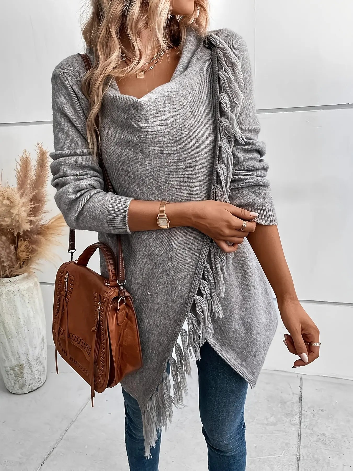 Women’s Knit Cardigan Shawl with Tassel Fringe – Draped Collar for All Seasons - TARHUS