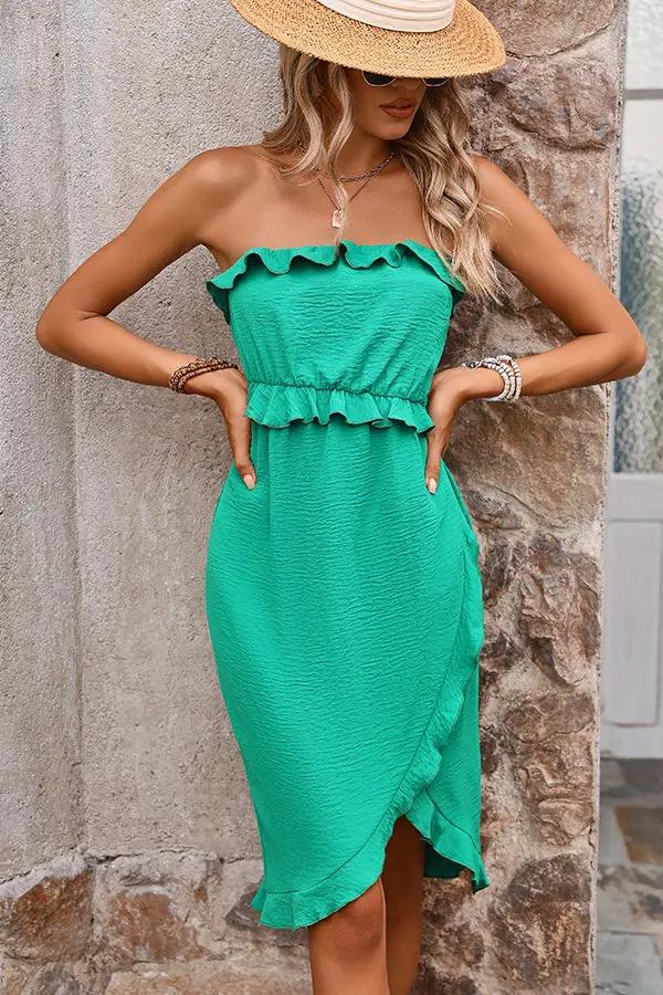 Bandeau Solid Frill Ruched Dress - TARHUS