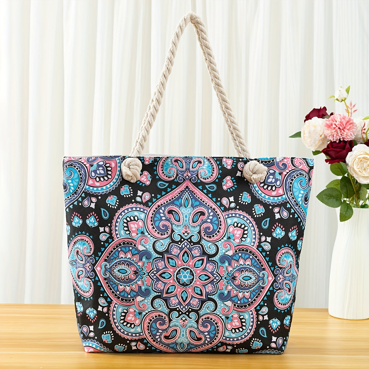 Stylish Blue Mandala Print Tote Bag for Women - Casual Shoulder Bag with Rope Handles, Vibrant Floral Patterns, Zip Closure, Perfect for Vacation Or Everyday Use, Vacation Tote Bag | Trendy Women'S Bag | Woven Texture, Novelty Purse TARHUS