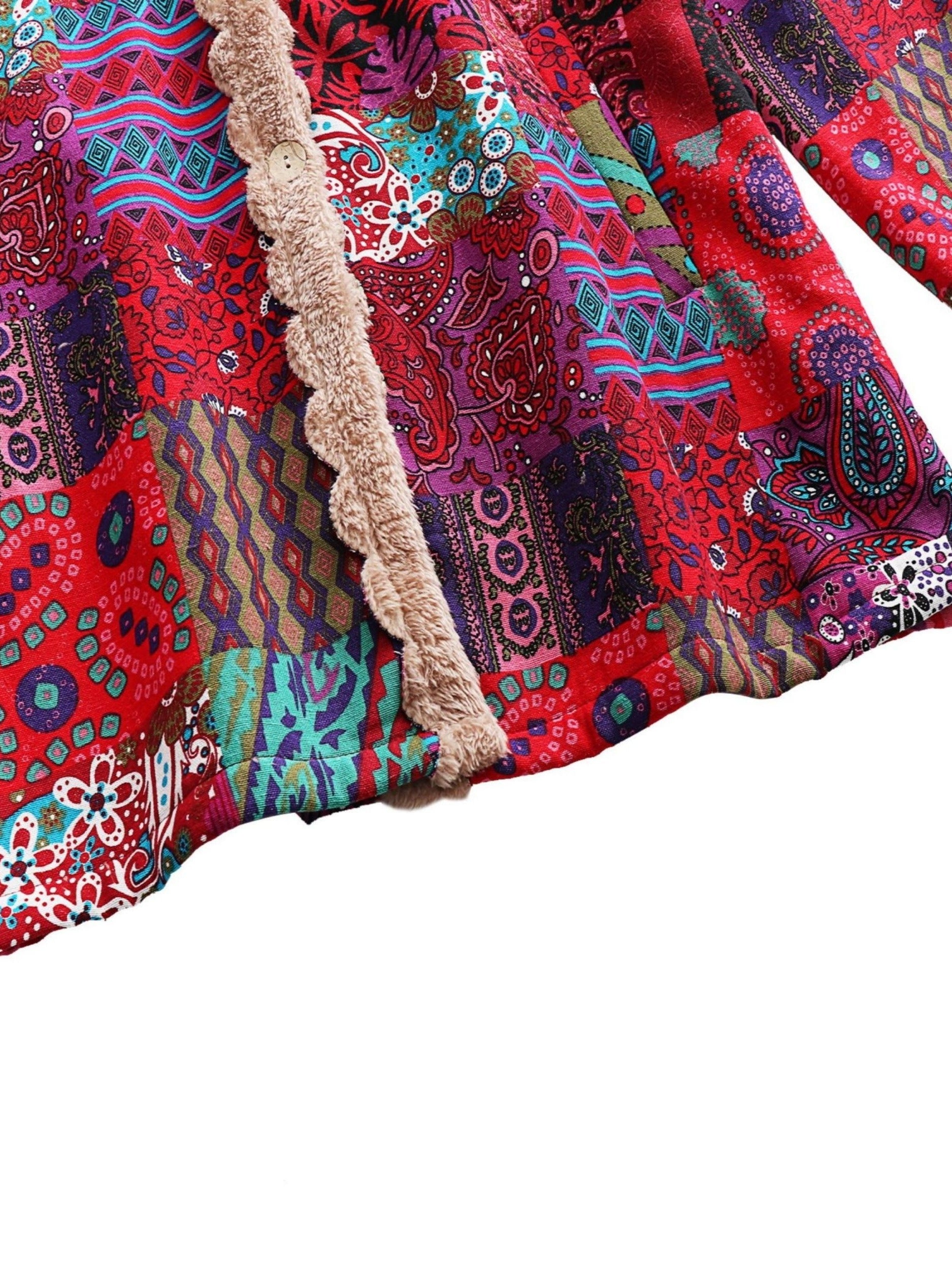 Colorful Paisley Floral Fleece-Lined Hooded Coat for Women | Cozy Boho Outerwear - TARHUS