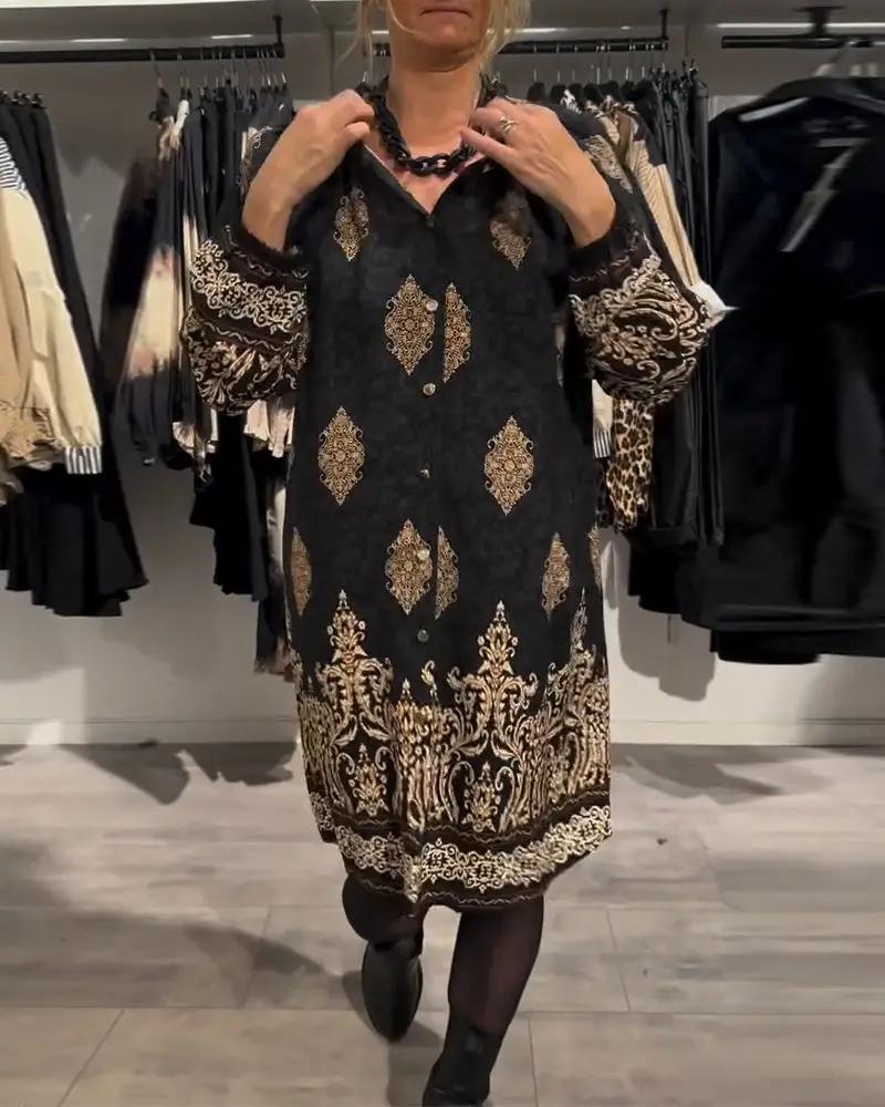 Vintage Print Shirt Dress – Long Lantern Sleeves, Lapel Collar & Button Front TARHUS Dresses