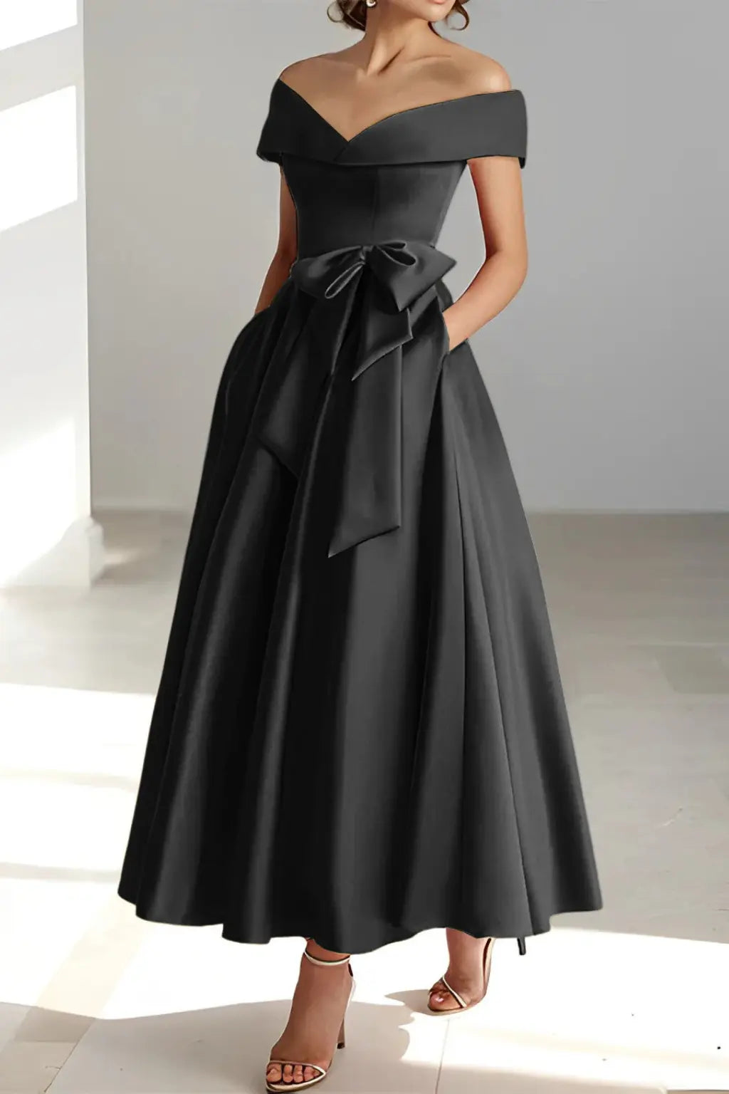 Arabella | Women Off Shoulder Bow Waist A Line Midi Wedding Guest Dress TARHUS Mother of the Bride Dresses