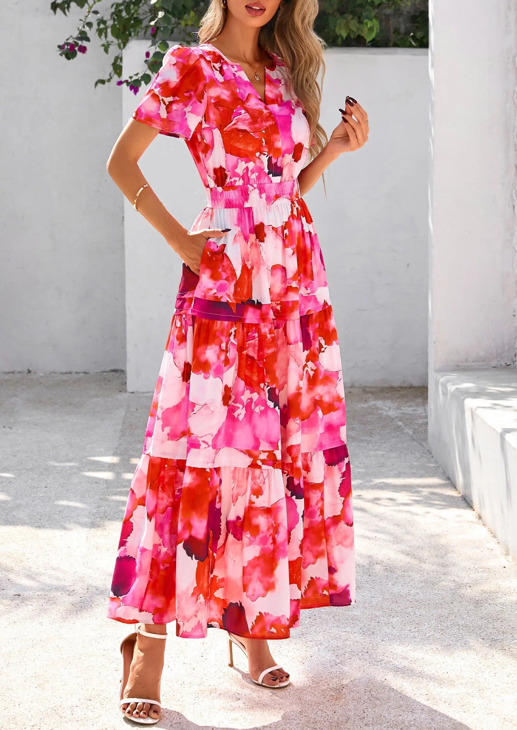 Boho Floral Short Sleeve V Neck A Line Tiered Ruffle Flowy Long Beach Vacation Maxi Dresses - TARHUS