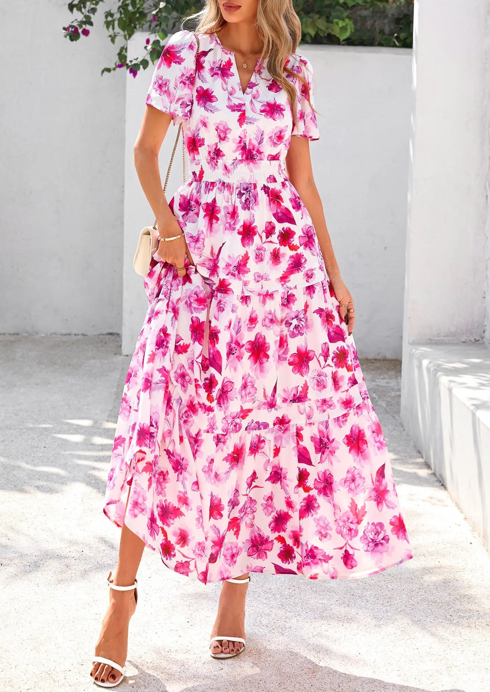 Boho Floral Short Sleeve V Neck A Line Tiered Ruffle Flowy Long Beach Vacation Maxi Dresses - TARHUS