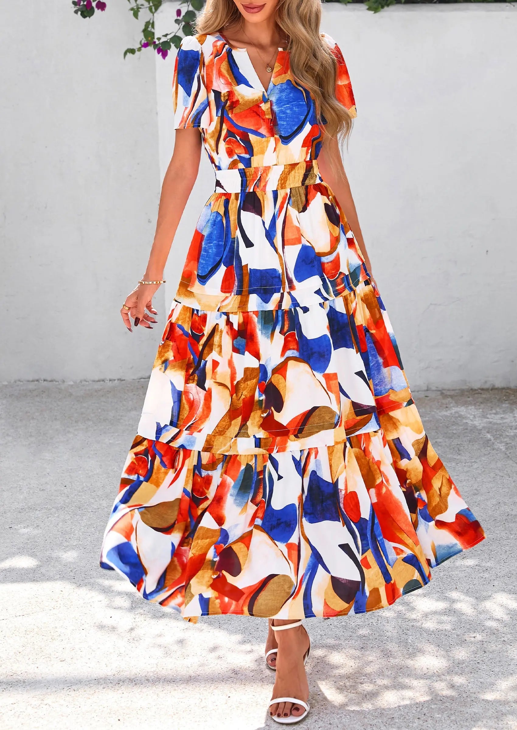 Boho Floral Short Sleeve V Neck A Line Tiered Ruffle Flowy Long Beach Vacation Maxi Dresses - TARHUS