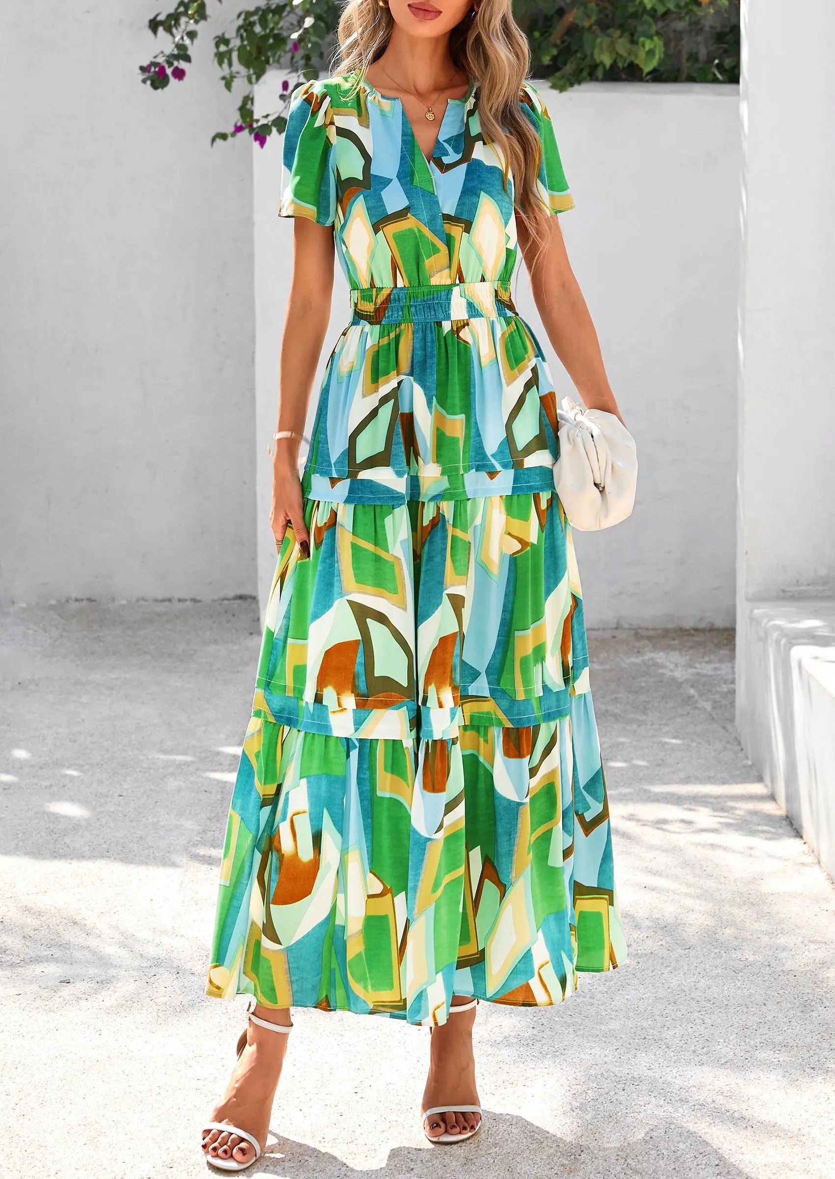 Boho Floral Short Sleeve V Neck A Line Tiered Ruffle Flowy Long Beach Vacation Maxi Dresses - TARHUS