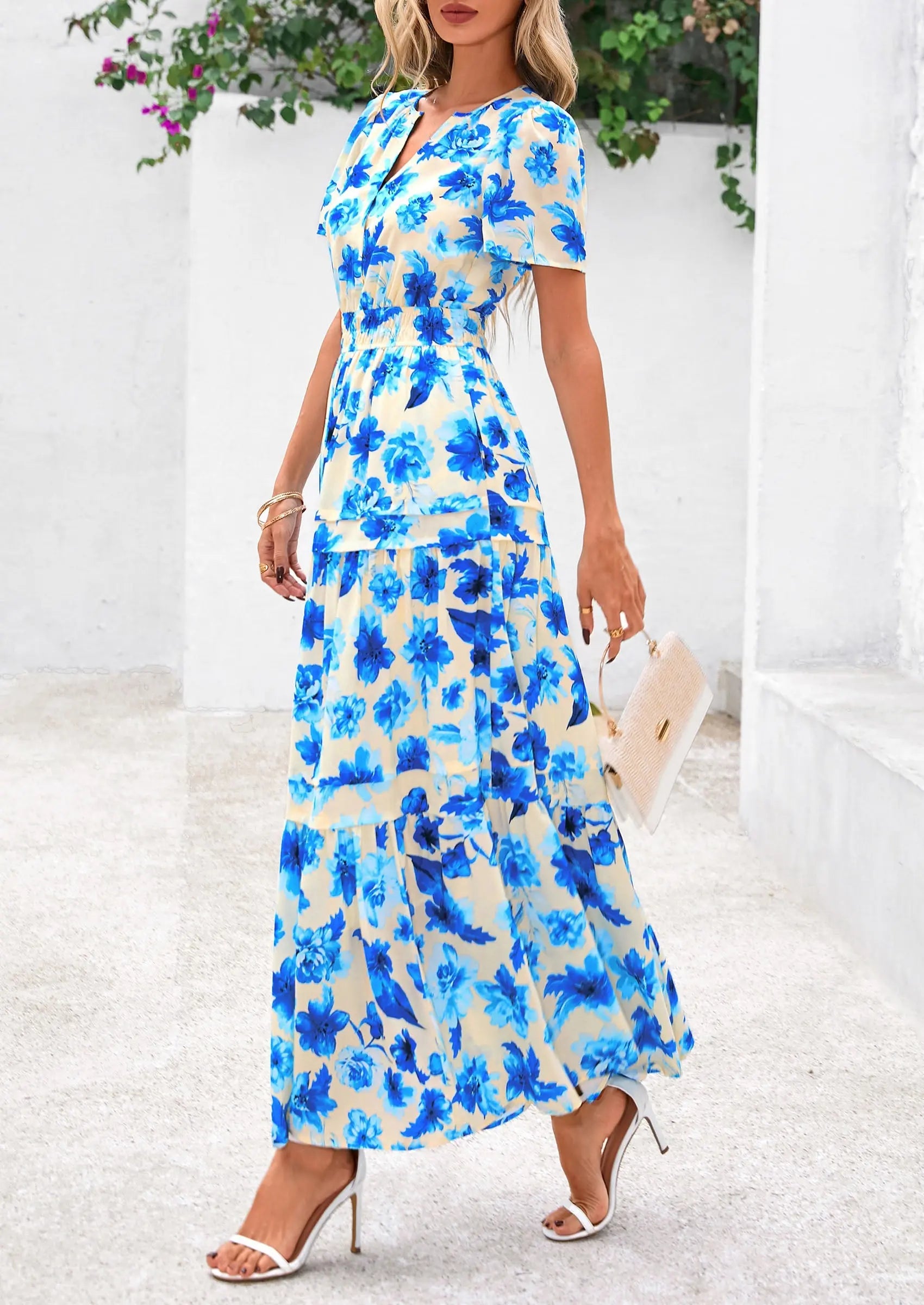 Boho Floral Short Sleeve V Neck A Line Tiered Ruffle Flowy Long Beach Vacation Maxi Dresses - TARHUS