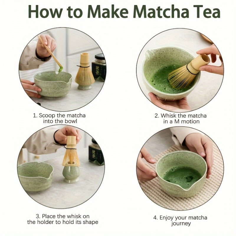 4pc Ceramic Matcha Set – Green Glaze Bowl, Whisk & Scoop