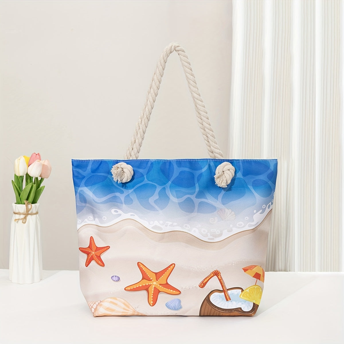 Stylish Blue Mandala Print Tote Bag for Women - Casual Shoulder Bag with Rope Handles, Vibrant Floral Patterns, Zip Closure, Perfect for Vacation Or Everyday Use, Vacation Tote Bag | Trendy Women'S Bag | Woven Texture, Novelty Purse TARHUS