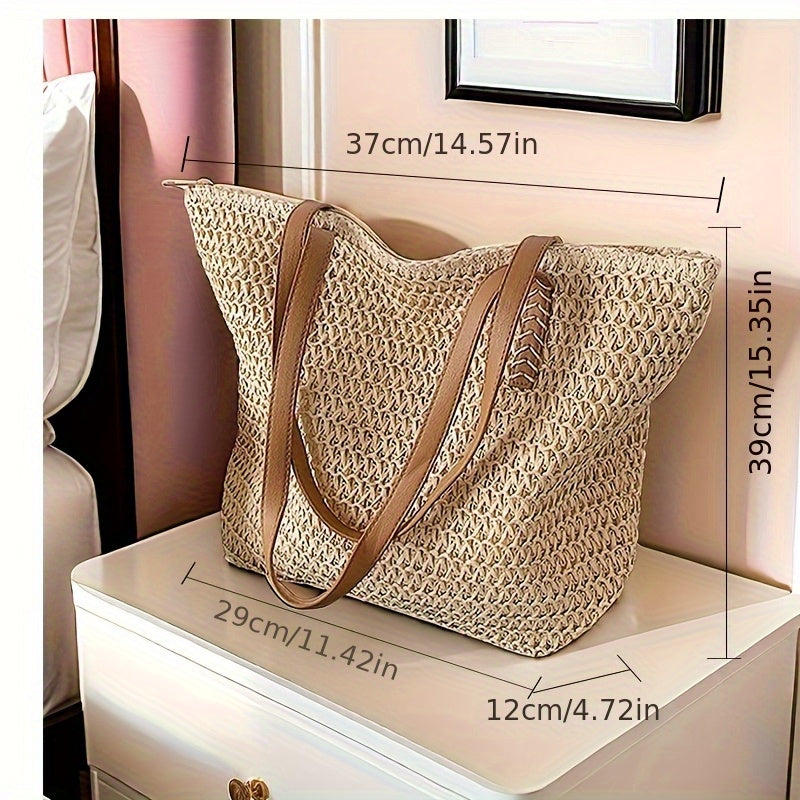 Large-Capacity Woven Handbag - Chic Beige Straw Handbag with Brown Handles, Zipper Closure, And Polyester Lining for Beach, Shopping, And Everyday Use, Beach Bag TARHUS