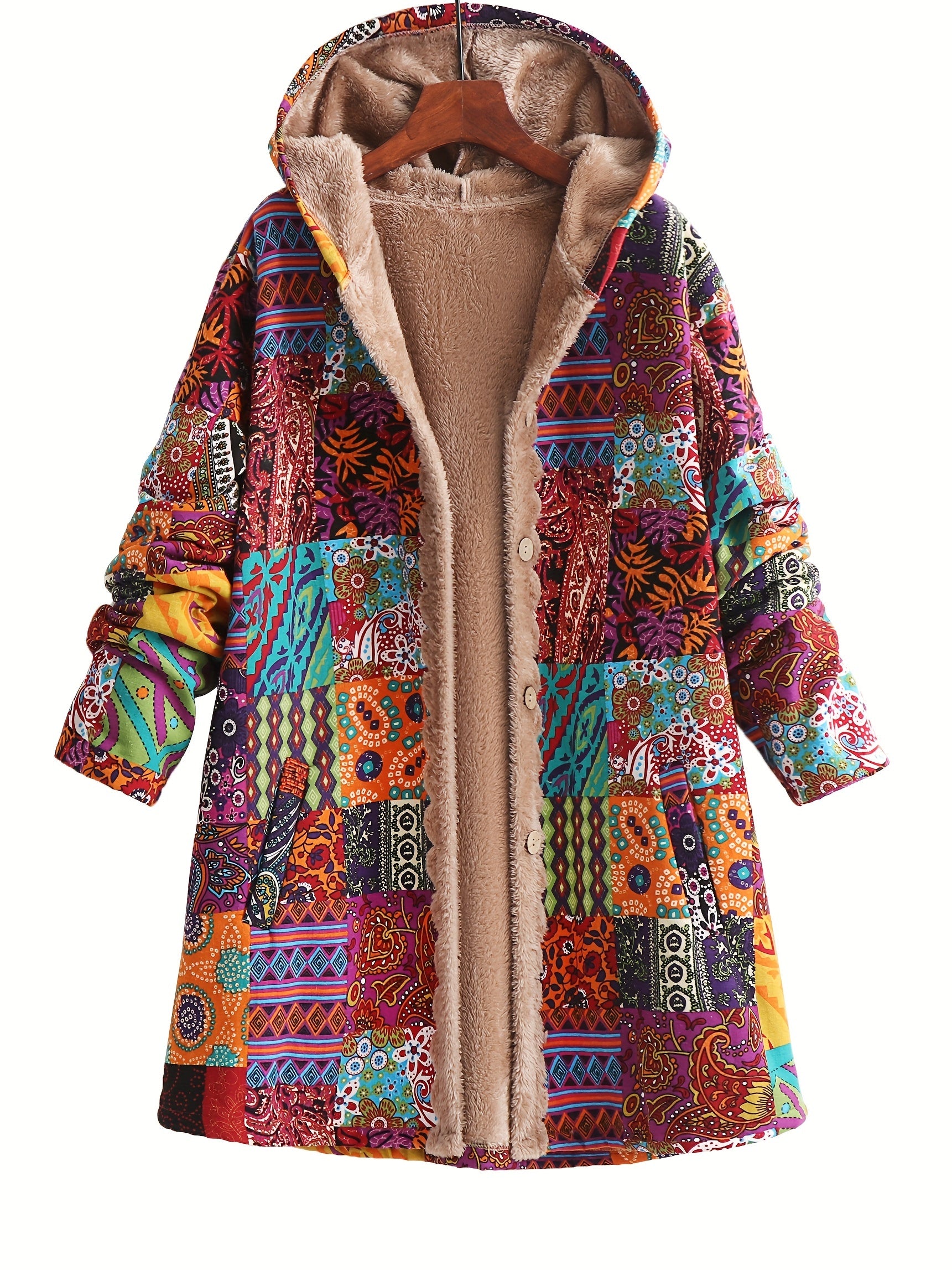 Colorful Paisley Floral Fleece-Lined Hooded Coat for Women | Cozy Boho Outerwear - TARHUS