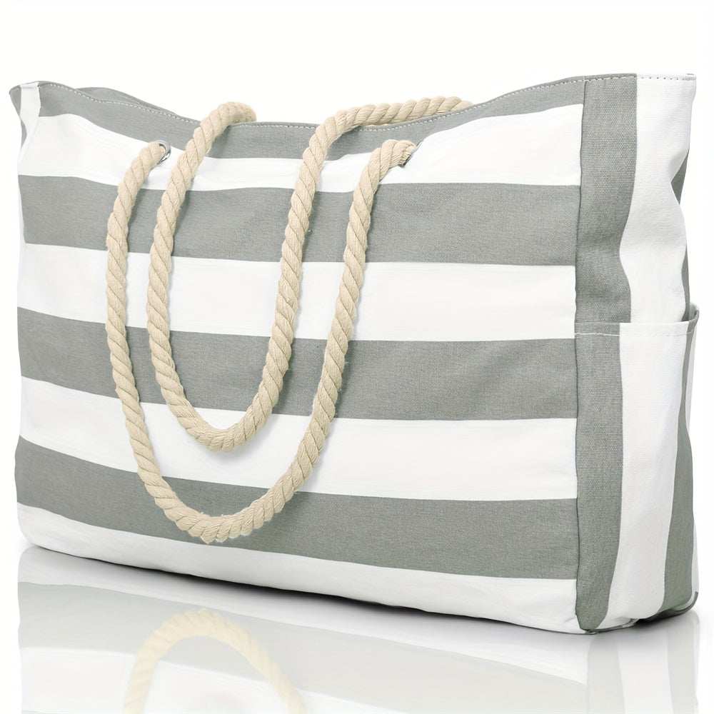 Large Canvas Beach Bag for Women – Striped Travel Tote with Zipper, Lightweight Gym & Pool Bag - TARHUS