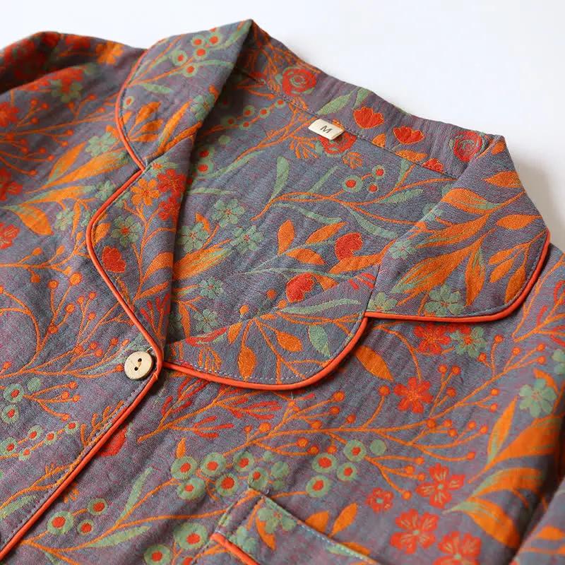 Vintage Leaf Cotton Lapel Loungewear Set - TARHUS