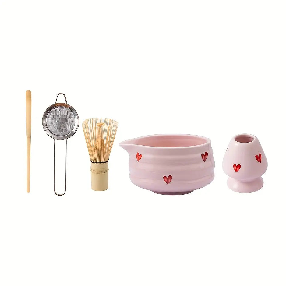 5pcs Matcha Set – Pink Ceramic Heart Bowl & Bamboo Tools - TARHUS