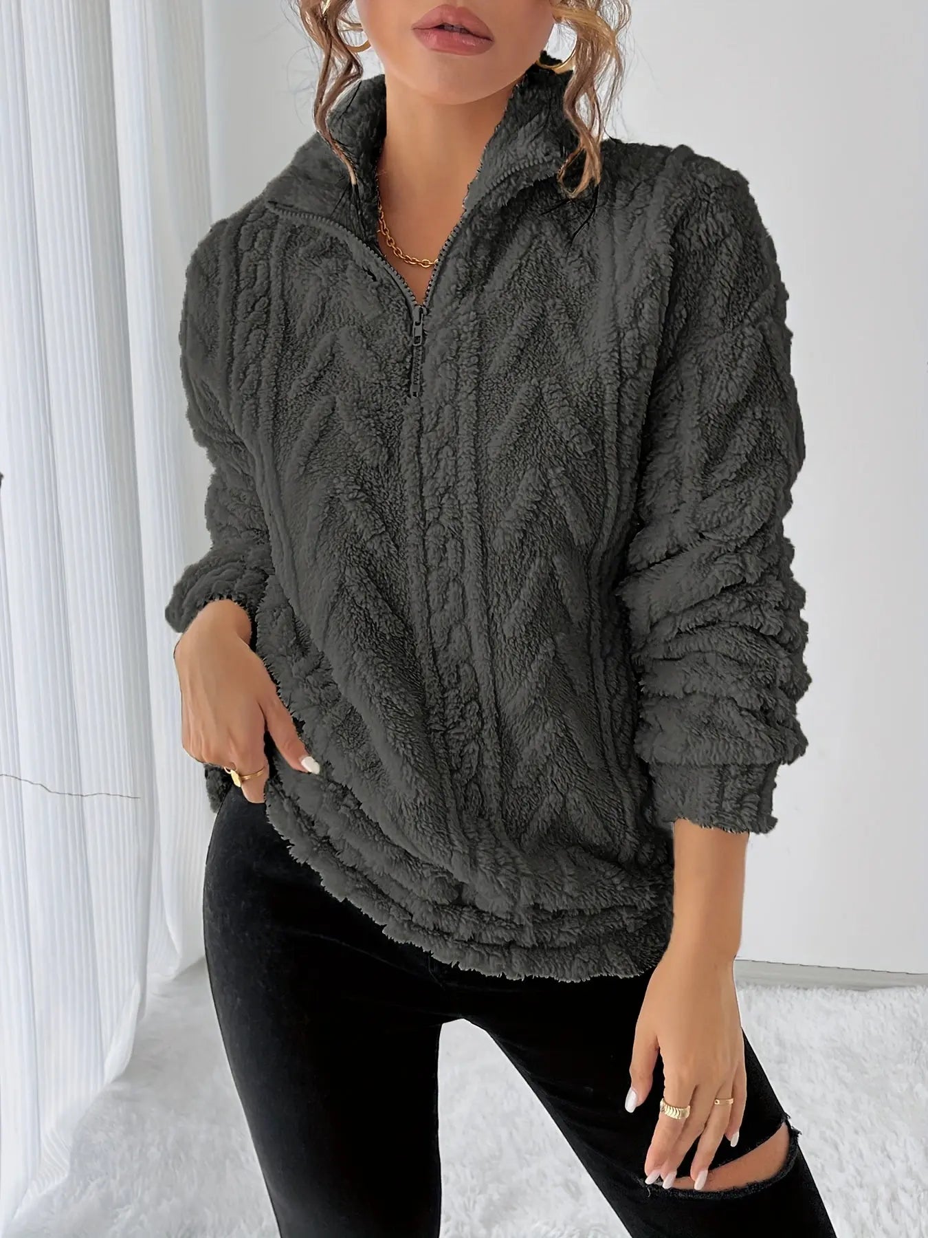 Women’s Fleece Zip-Up Sweatshirt – Long Sleeve Lapel Collar Pullover with Fluffy Texture - TARHUS