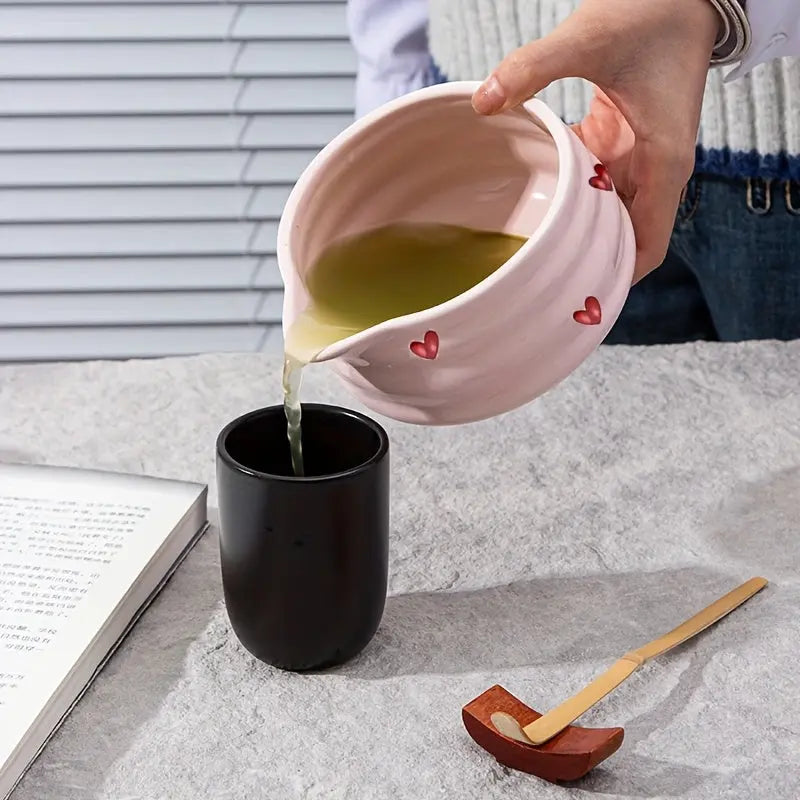 5pcs Matcha Set – Pink Ceramic Heart Bowl & Bamboo Tools - TARHUS