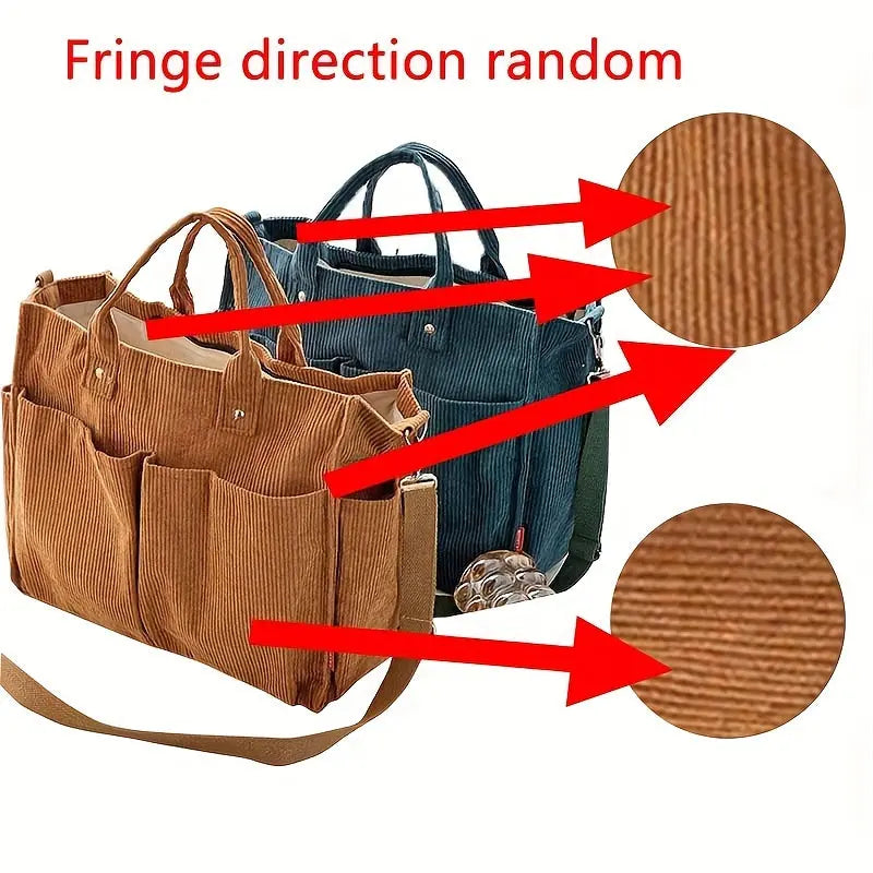 Corduroy Tote Bag for Women with Multi-Pockets – Casual Shoulder & Crossbody Handbag - TARHUS
