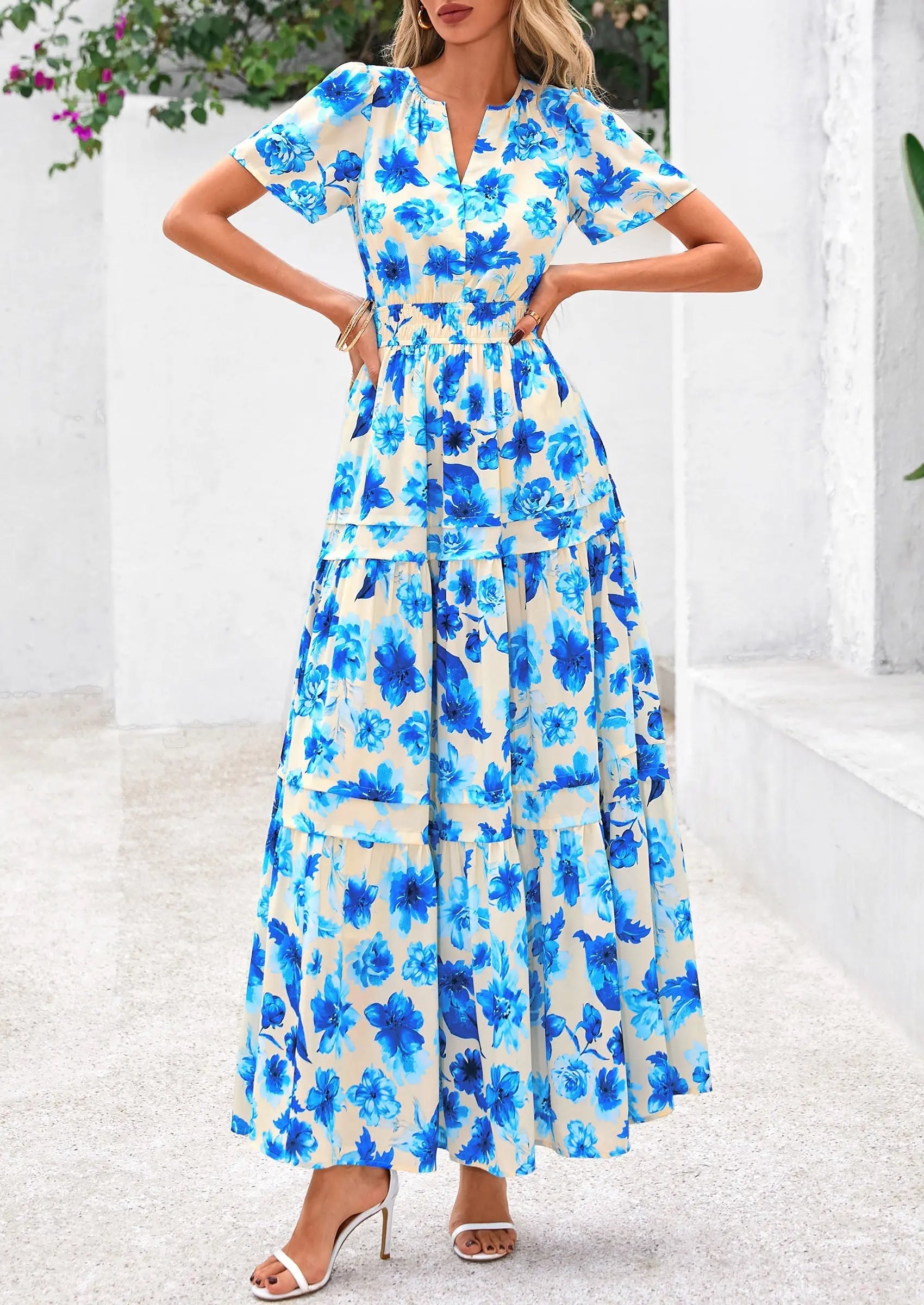 Boho Floral Short Sleeve V Neck A Line Tiered Ruffle Flowy Long Beach Vacation Maxi Dresses - TARHUS