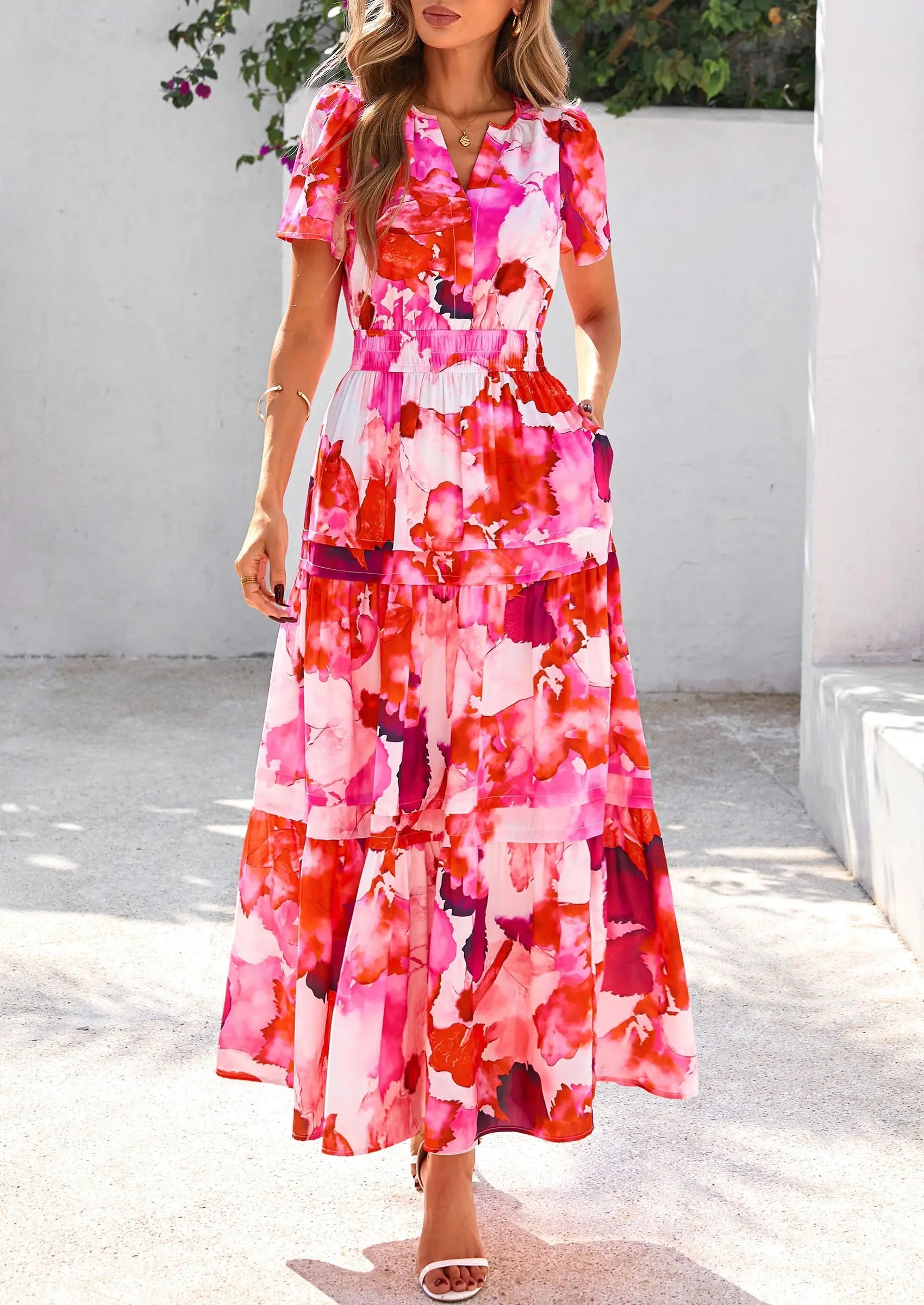 Boho Floral Short Sleeve V Neck A Line Tiered Ruffle Flowy Long Beach Vacation Maxi Dresses - TARHUS