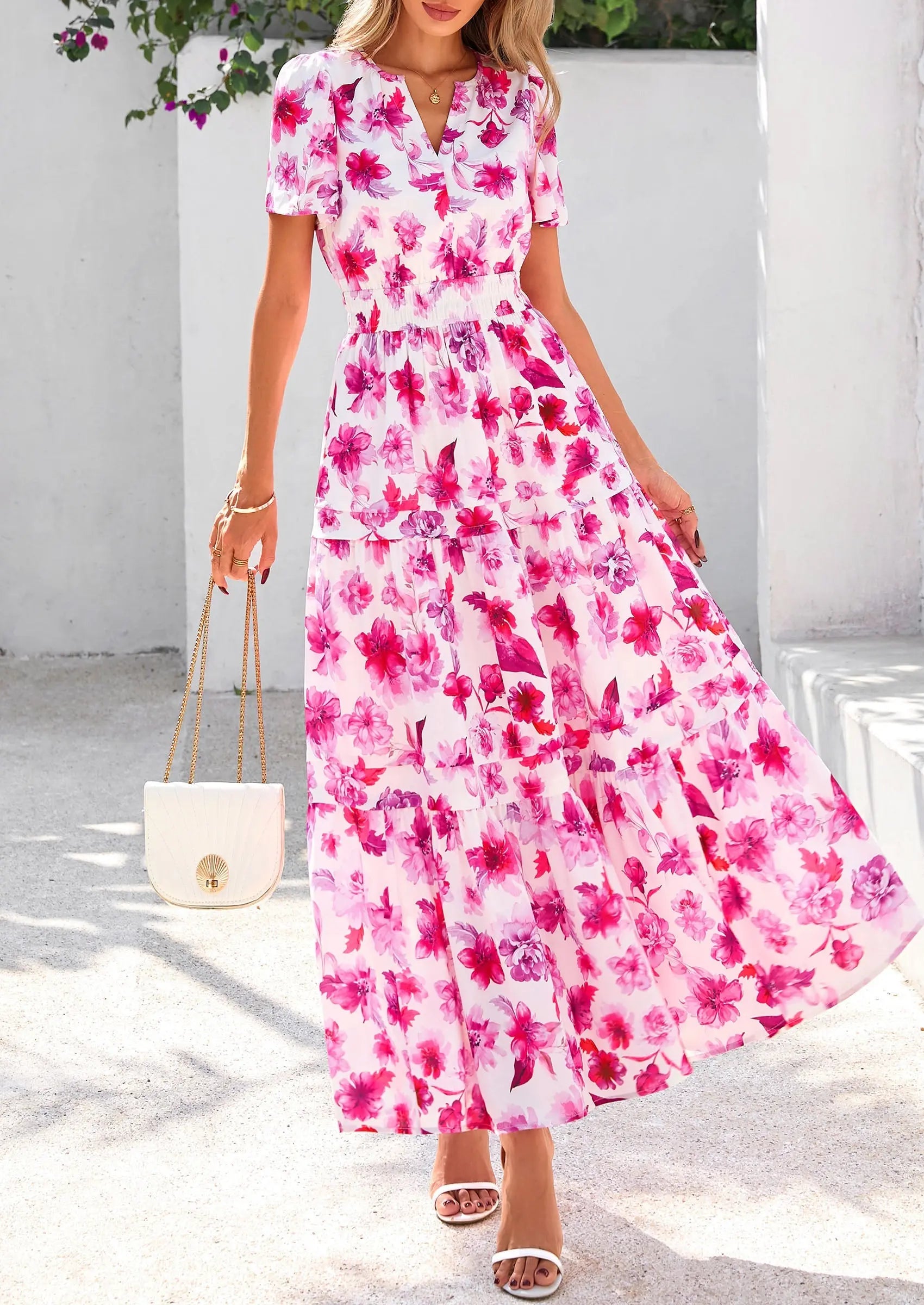 Boho Floral Short Sleeve V Neck A Line Tiered Ruffle Flowy Long Beach Vacation Maxi Dresses - TARHUS
