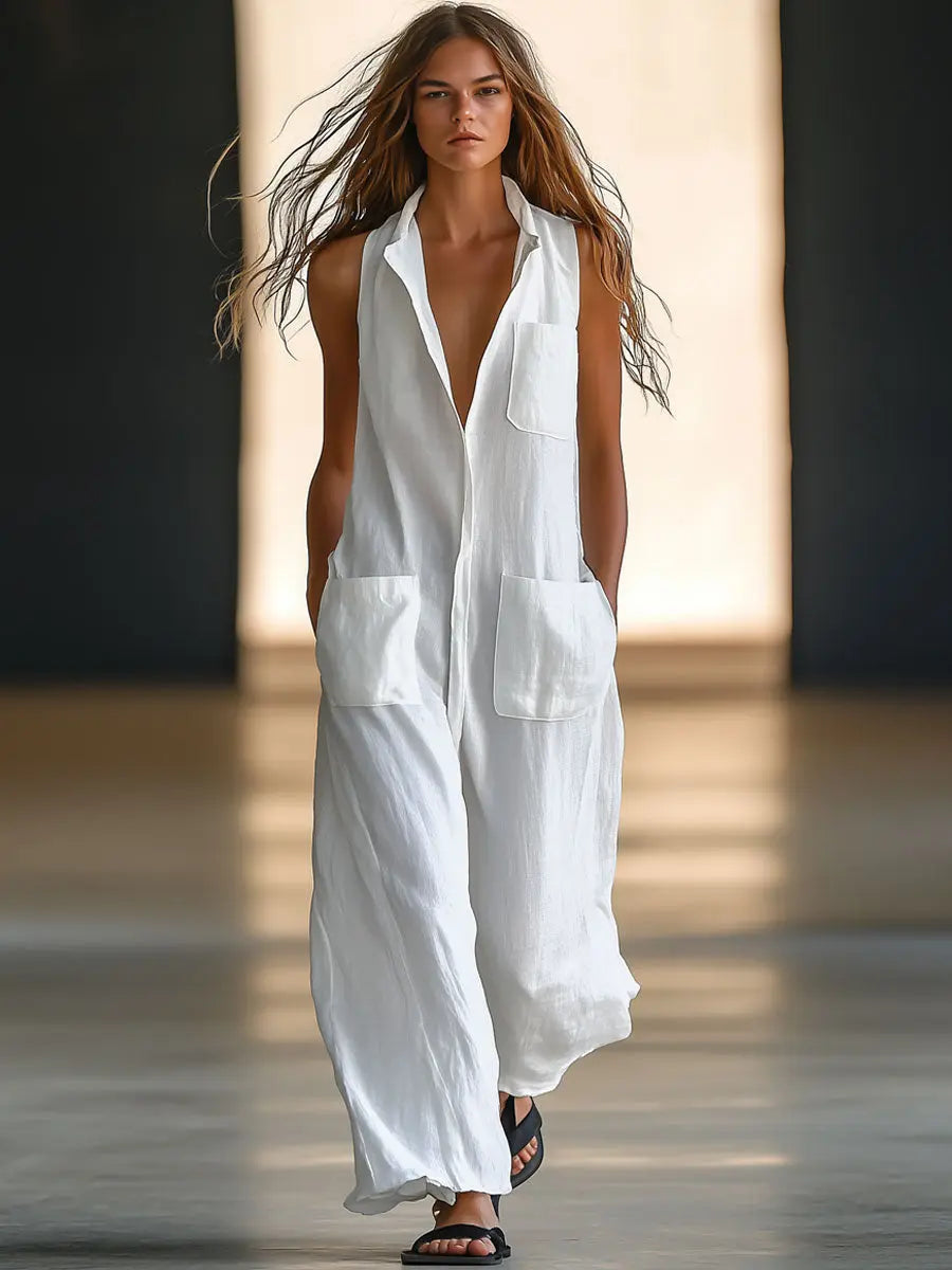 Casual Retro White Linen Sleeveless Jumpsuit - TARHUS