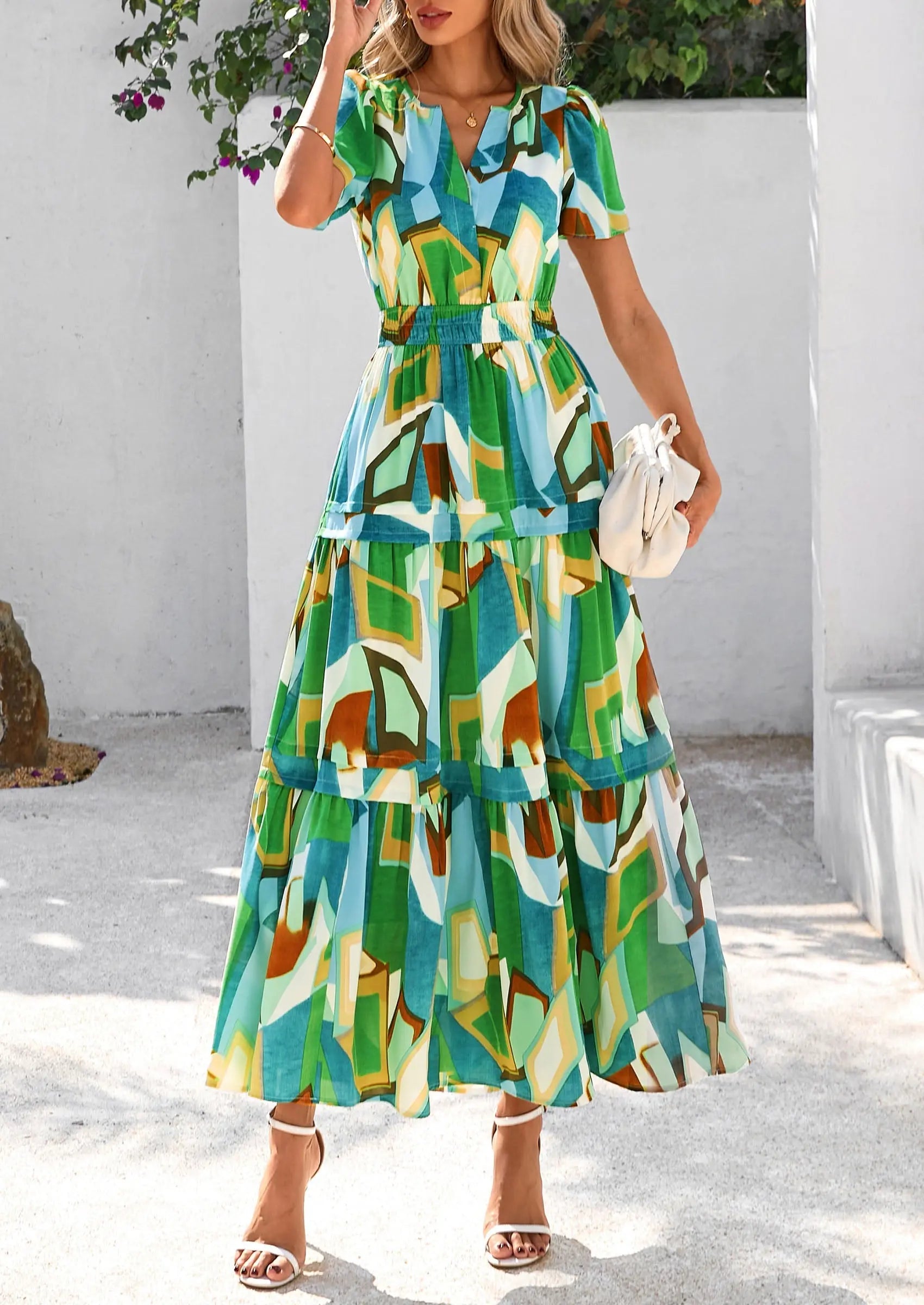 Boho Floral Short Sleeve V Neck A Line Tiered Ruffle Flowy Long Beach Vacation Maxi Dresses - TARHUS