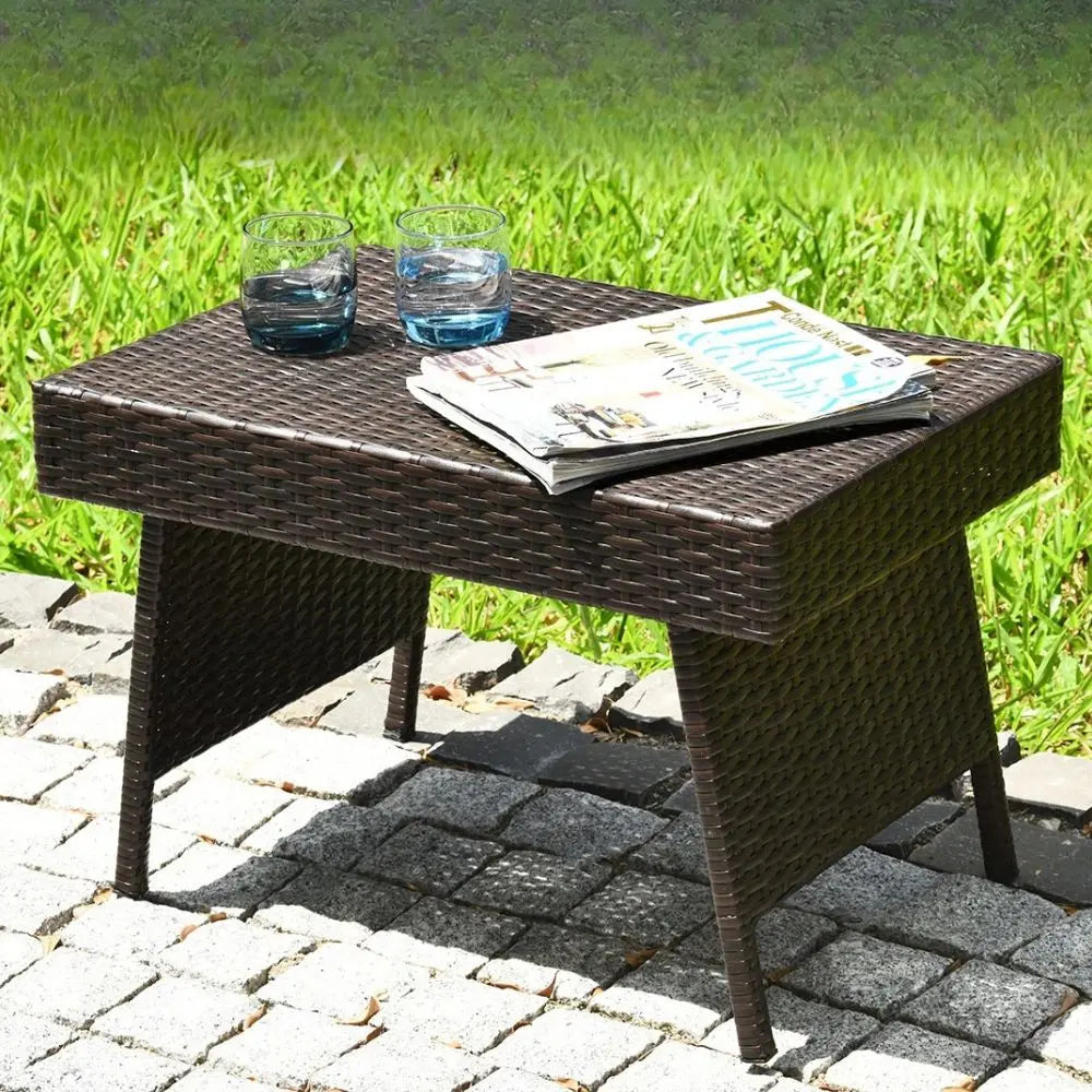 Foldable Rattan Wicker Side Table – Weatherproof Indoor/Outdoor Table - TARHUS