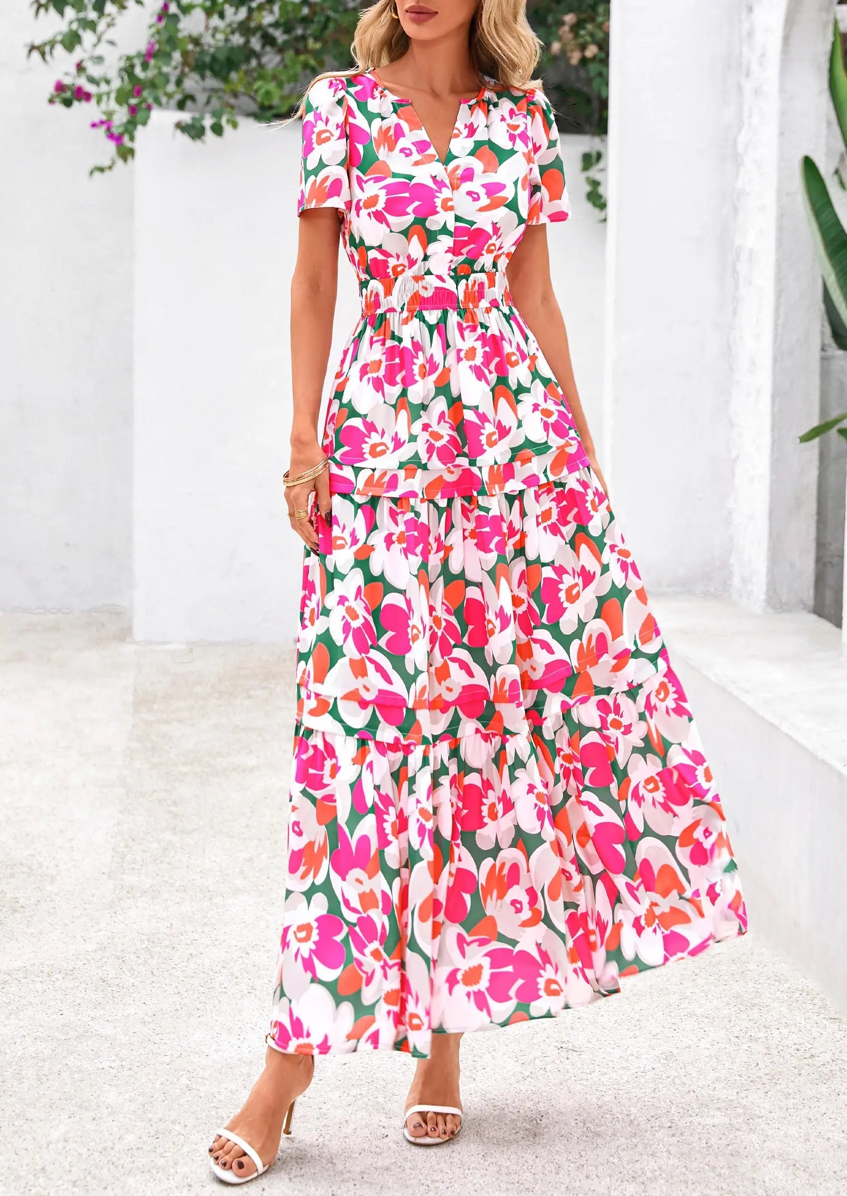 Boho Floral Short Sleeve V Neck A Line Tiered Ruffle Flowy Long Beach Vacation Maxi Dresses - TARHUS
