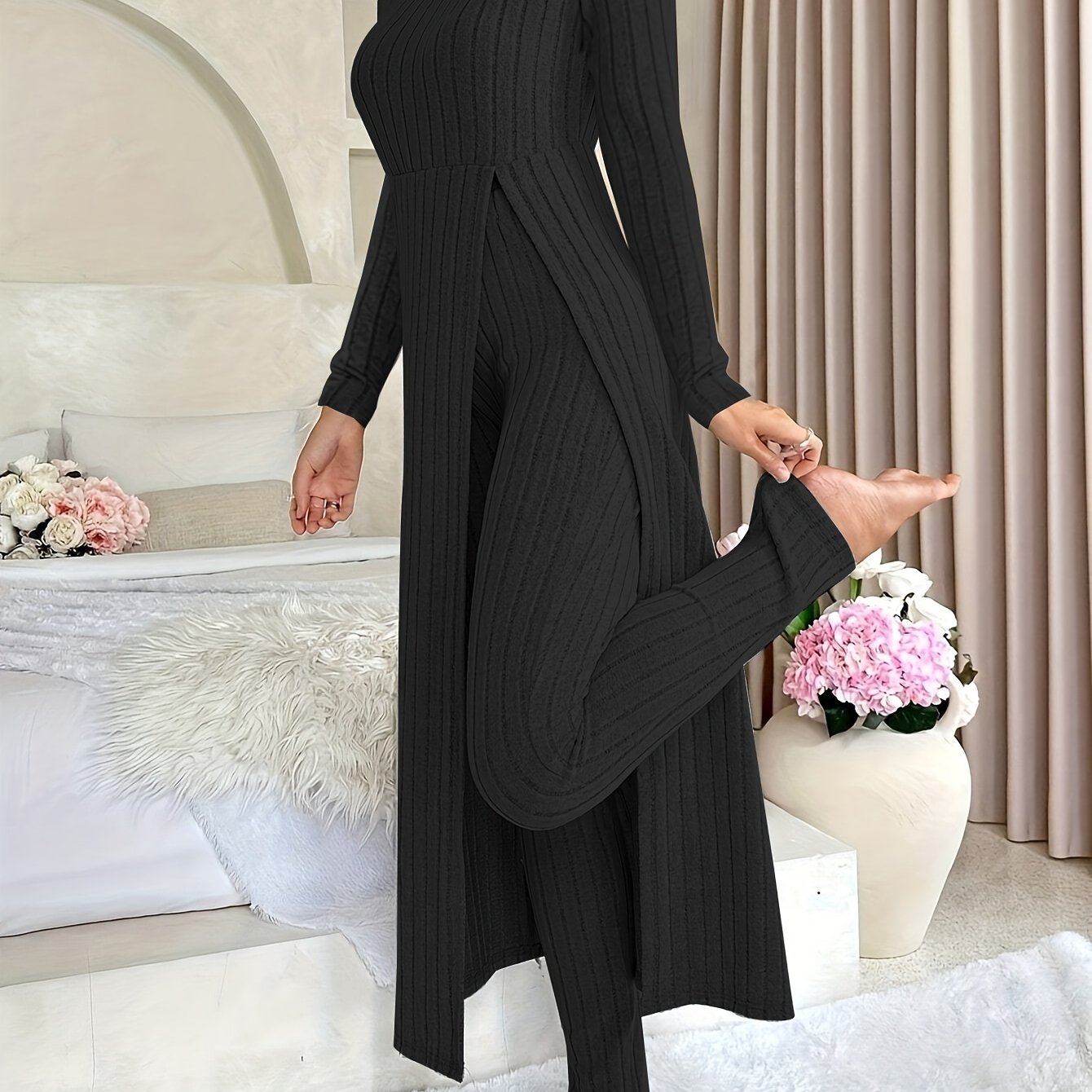 Women's Ribbed Lounge Set – Long Sleeve Top & Pants Two-Piece Outfit - TARHUS