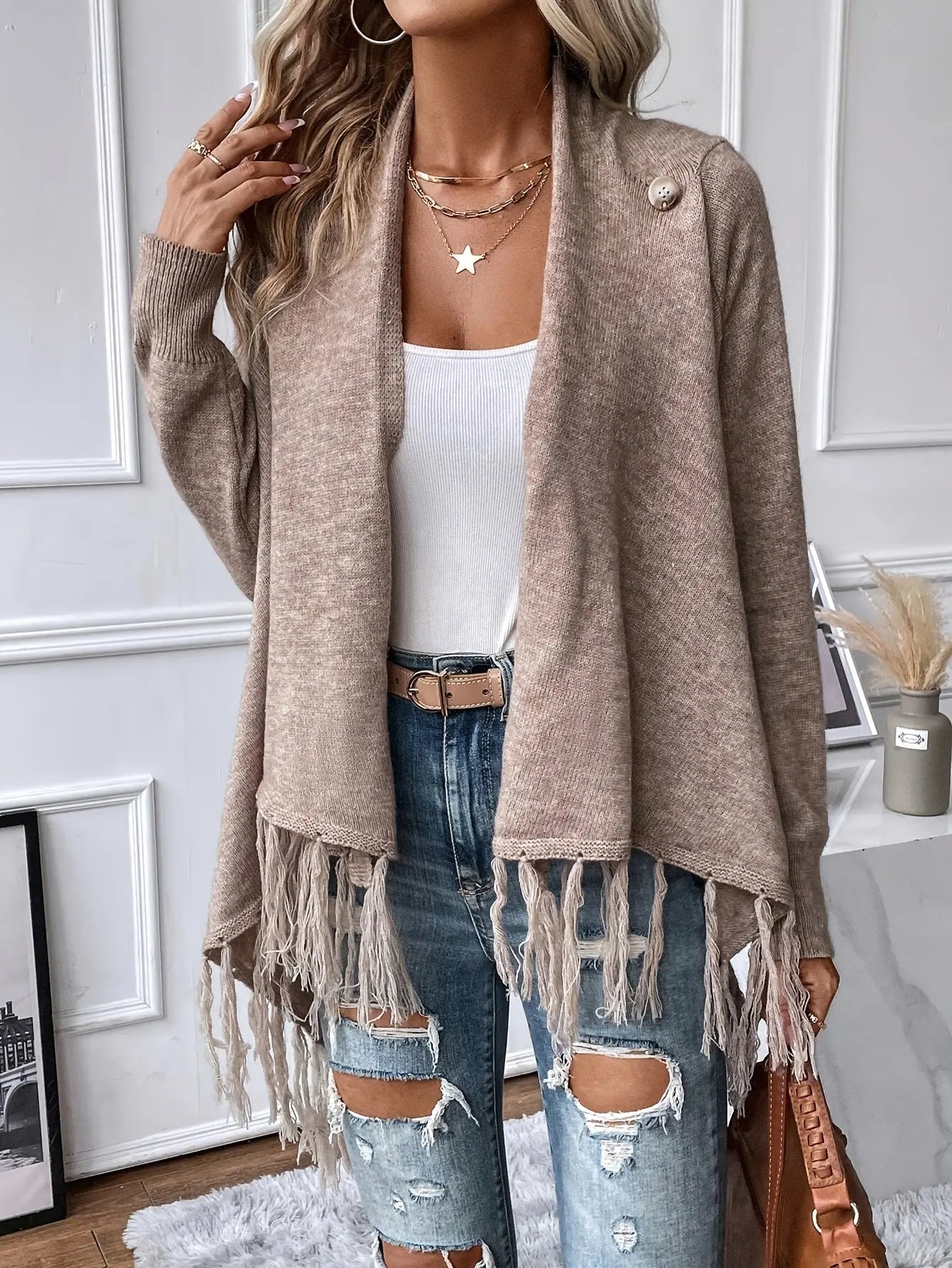 Women’s Knit Cardigan Shawl with Tassel Fringe – Draped Collar for All Seasons - TARHUS