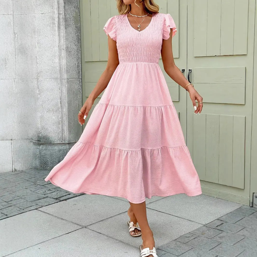 Flowing Pink Midi Dress with Smocked Bodice for Women TARHUS SS - Womens - Maxi Dress