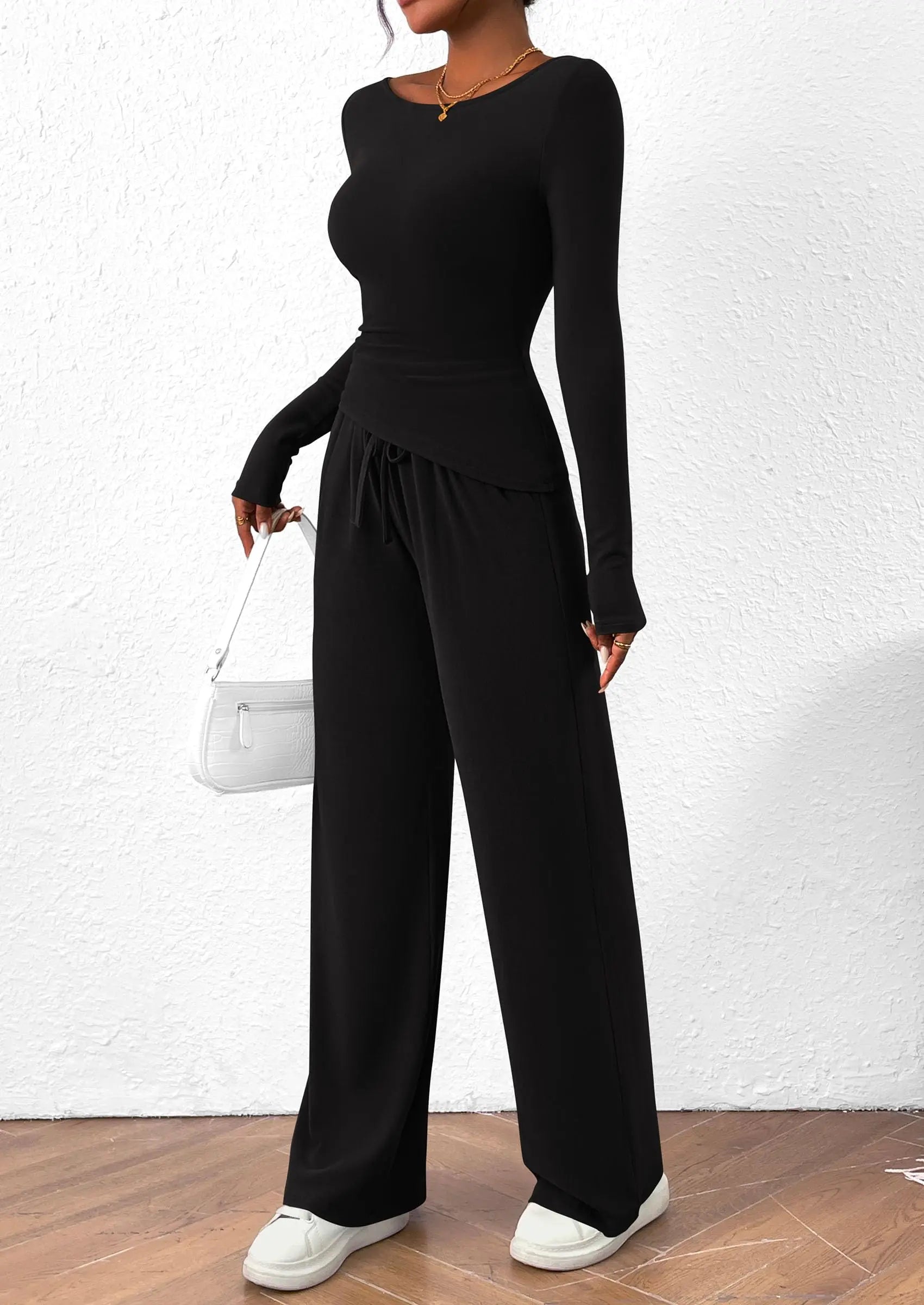 Long Sleeve T-Shirt Wide Leg Pants Casual 2 Piece Sets - TARHUS