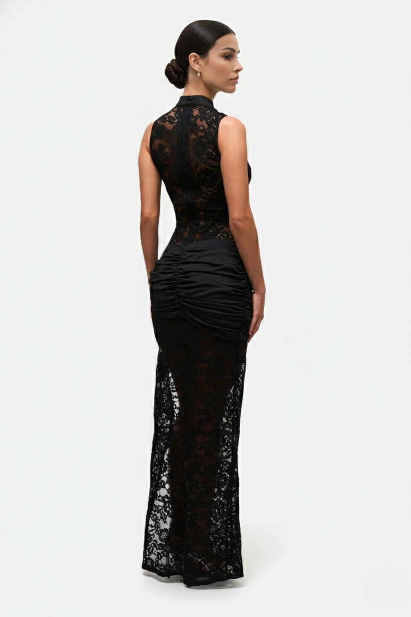 Women's Lace Sleeveless Deep V Keyhole Maxi Dress - High Slit TARHUS Maxi Dress