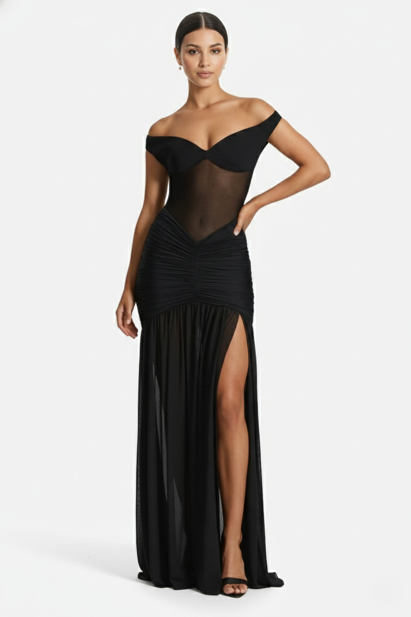 Women's Off Shoulder Ruched Maxi Dress - Mesh Bodice High Slit TARHUS Maxi Dress