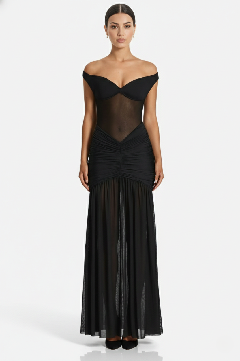 Women's Off Shoulder Ruched Maxi Dress - Mesh Bodice High Slit TARHUS Maxi Dress