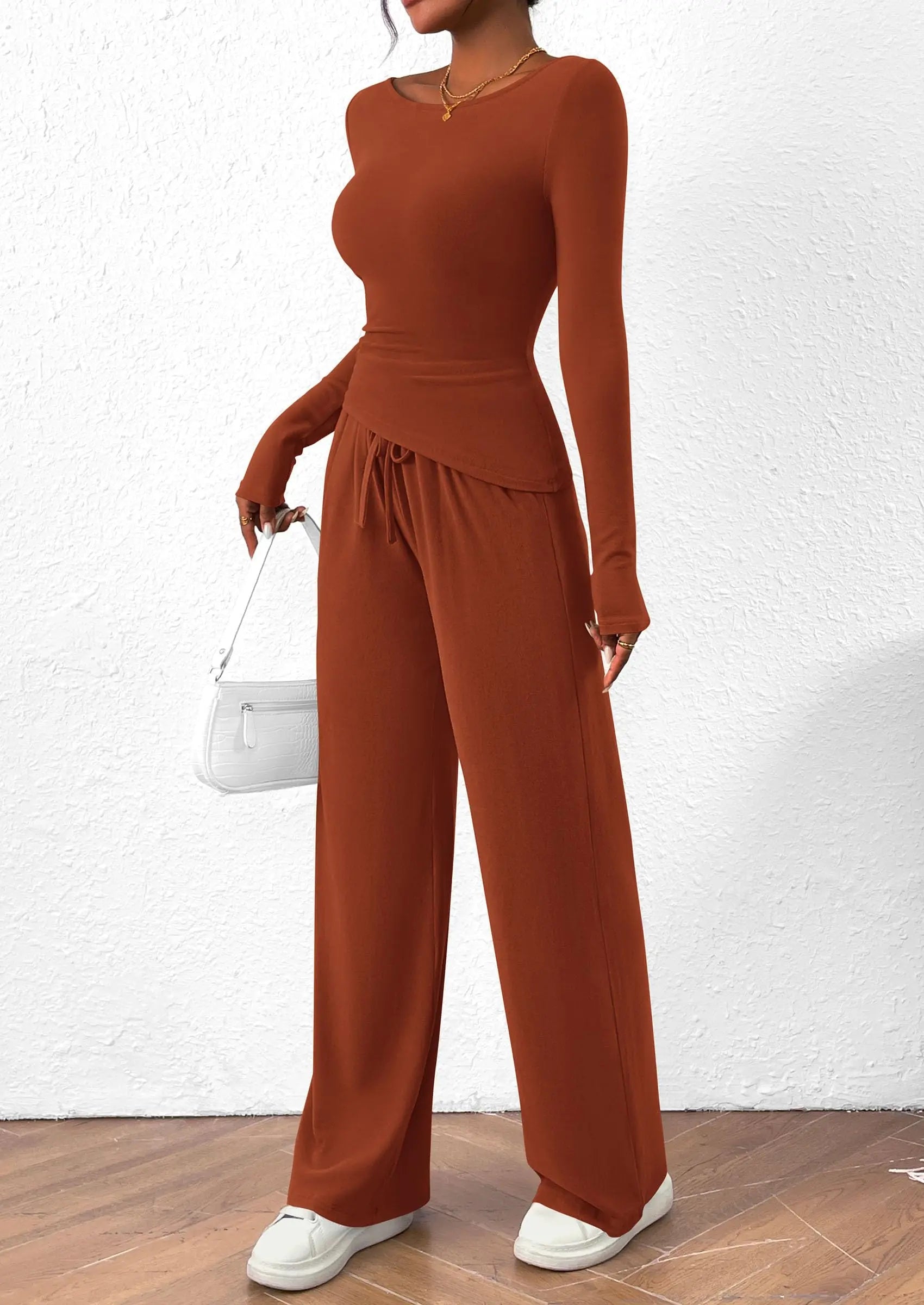 Long Sleeve T-Shirt Wide Leg Pants Casual 2 Piece Sets - TARHUS