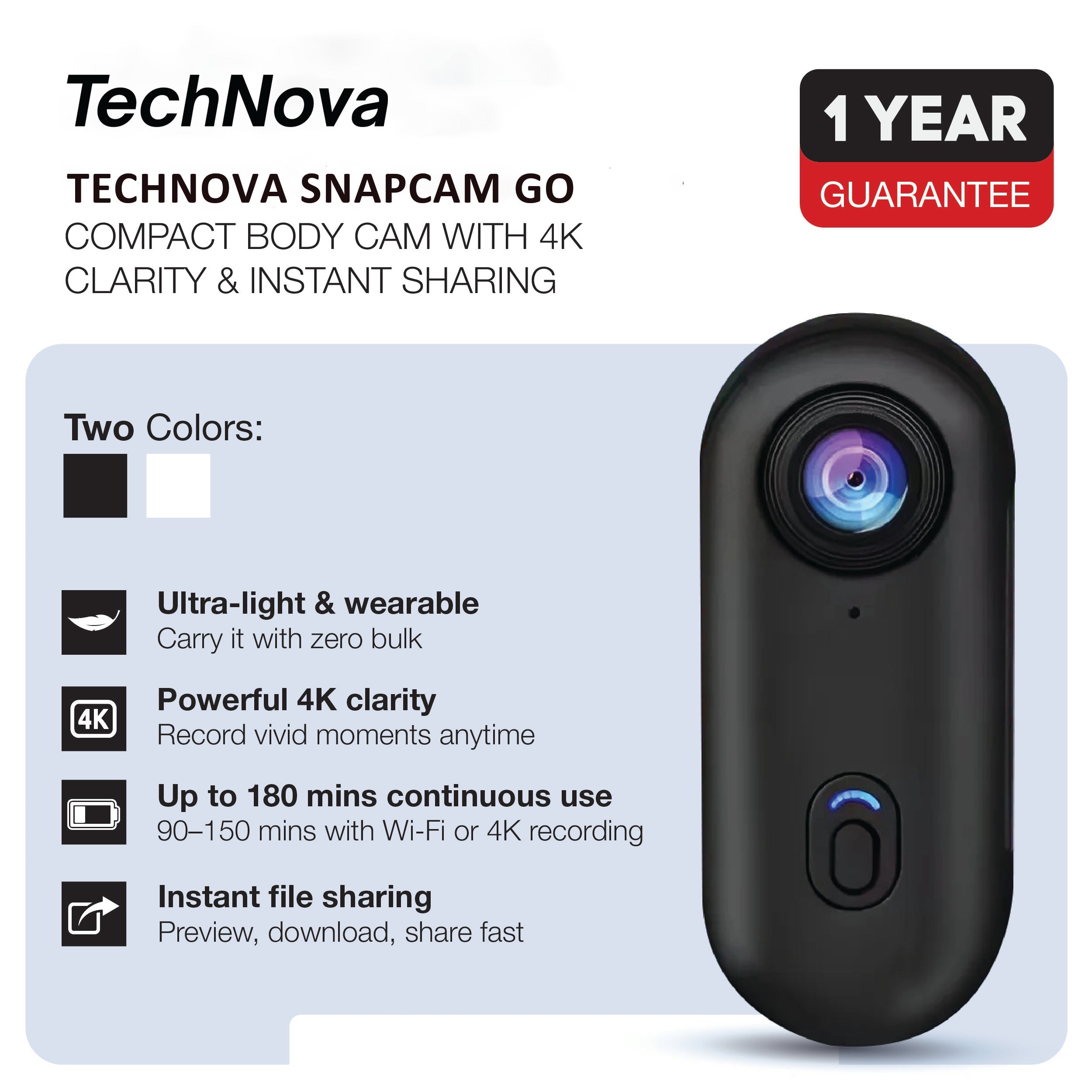 SnapCam GO 4K Wearable Action Camera – Hands-Free POV Video Recorder with Clip-On Mount | Ultra-Compact, Lightweight, Waterproof TARHUS