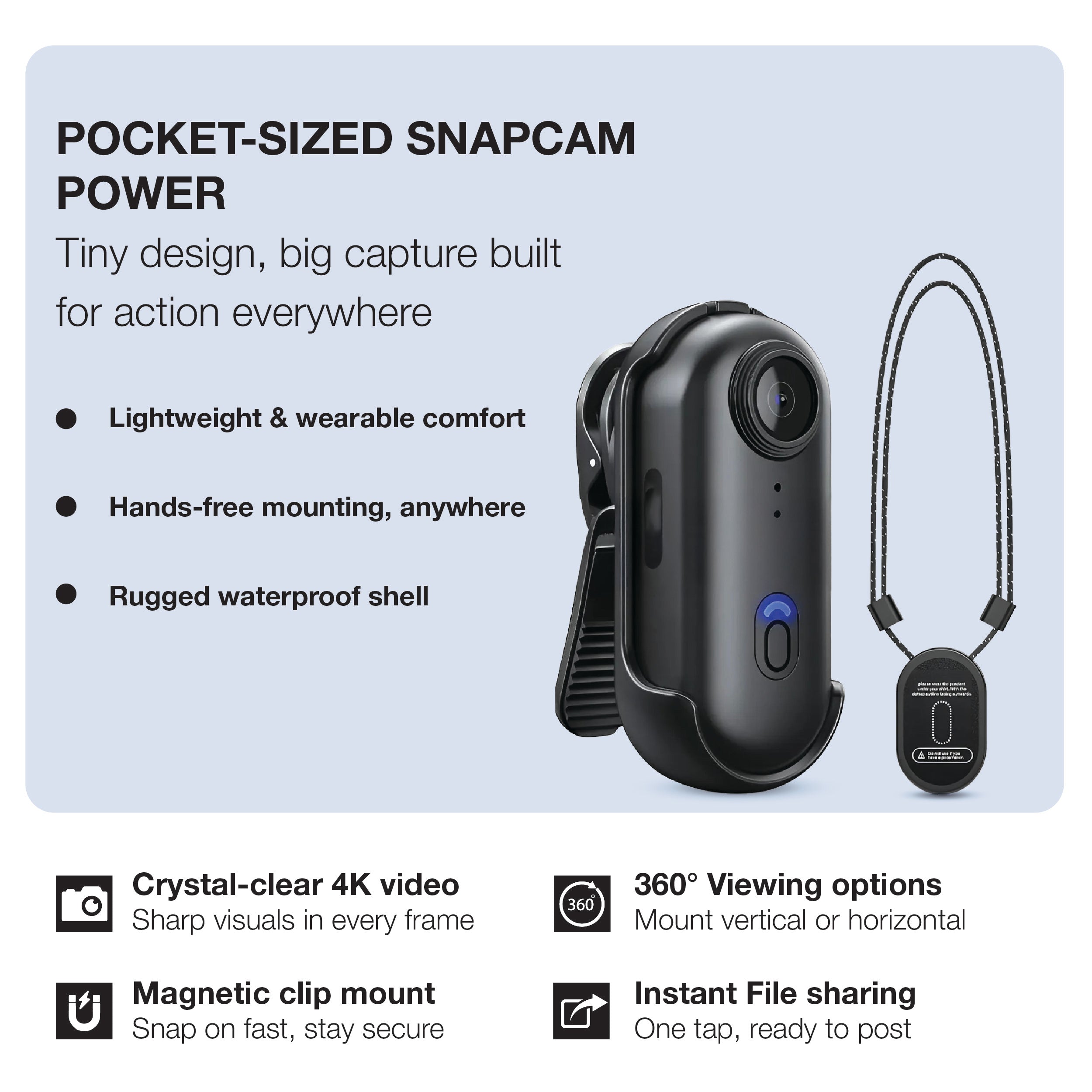 SnapCam GO 4K Wearable Action Camera – Hands-Free POV Video Recorder with Clip-On Mount | Ultra-Compact, Lightweight, Waterproof TARHUS